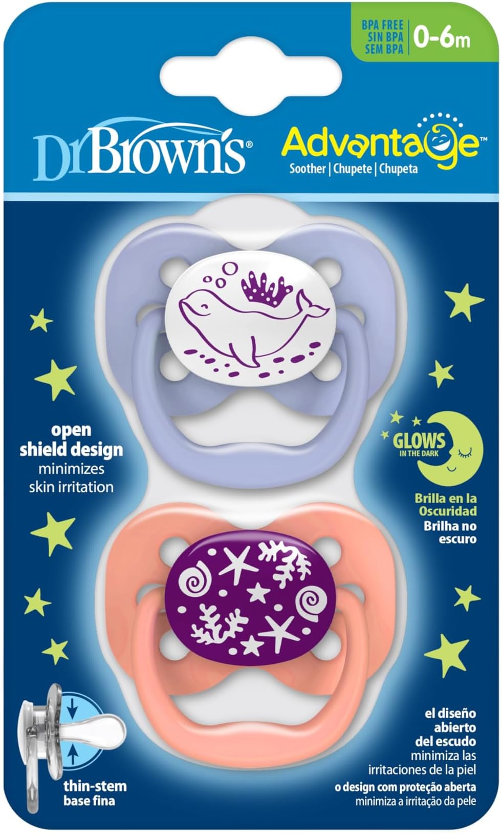 Dr. Brown's Natural Flow Advantage Glow in the Dark Soother - Pink, Stage 1 (0-6 months) 2 pack