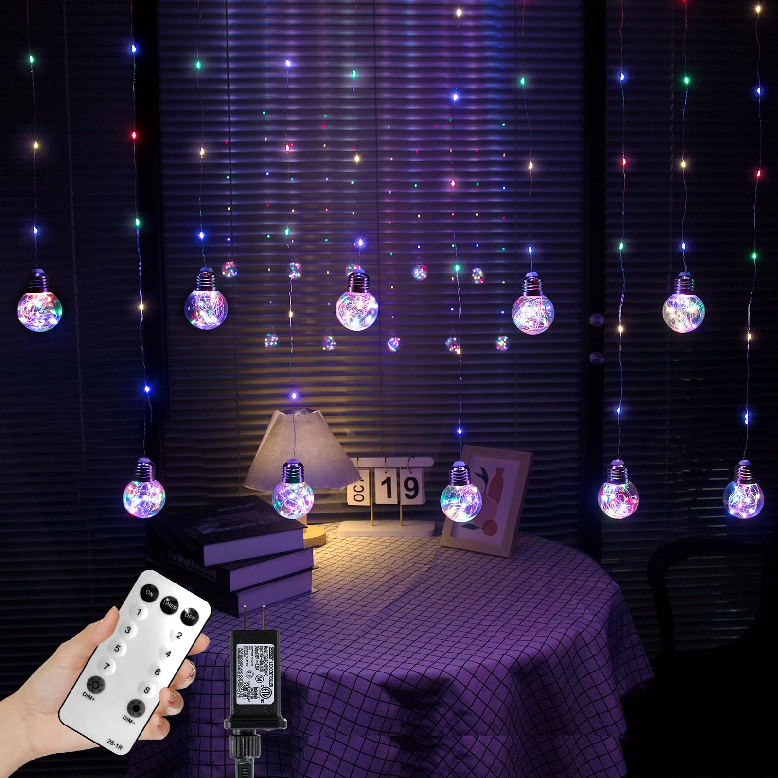 LitHome240 LED Multicolor Curtain Lights, 8 Modes Wishing Ball Curtain Lights with Remote, Plug Globe Hanging String Light, Fairy Light Silver Wire for Indoor Bedroom Christmas Decor(Multicolor)