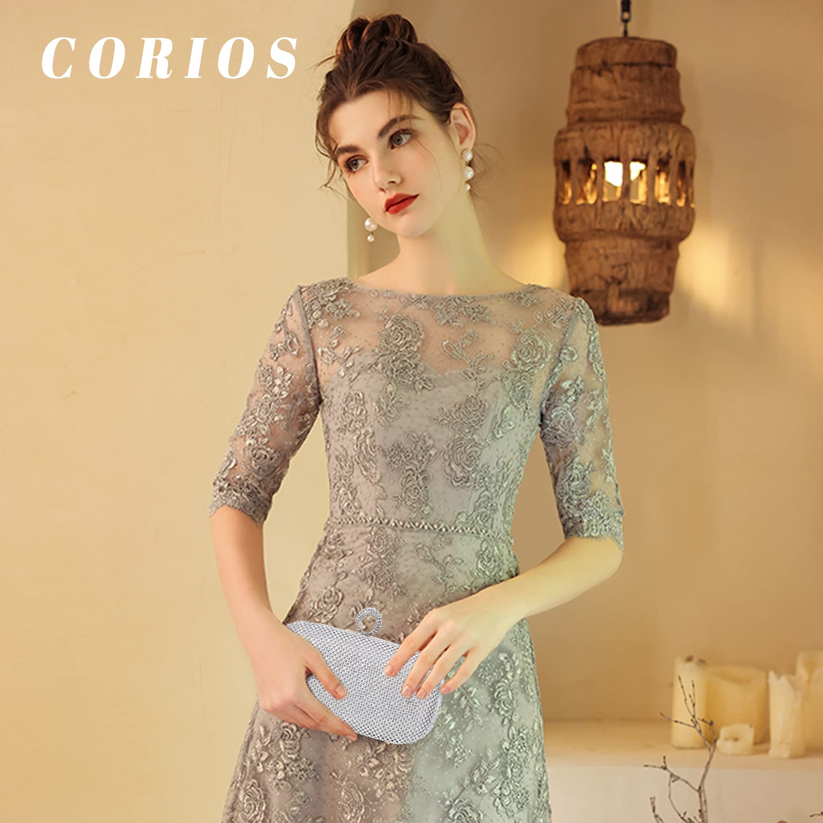 CORIOS Damen Abendtasche Strass Handtasche Damen Glitzer Clutch Strasssteine Schultertasche Braut Handtasche Abnehmbarer Kette Umhängetasche Klein Tasche für Hochzeit Abendparty Tanzparty Silber