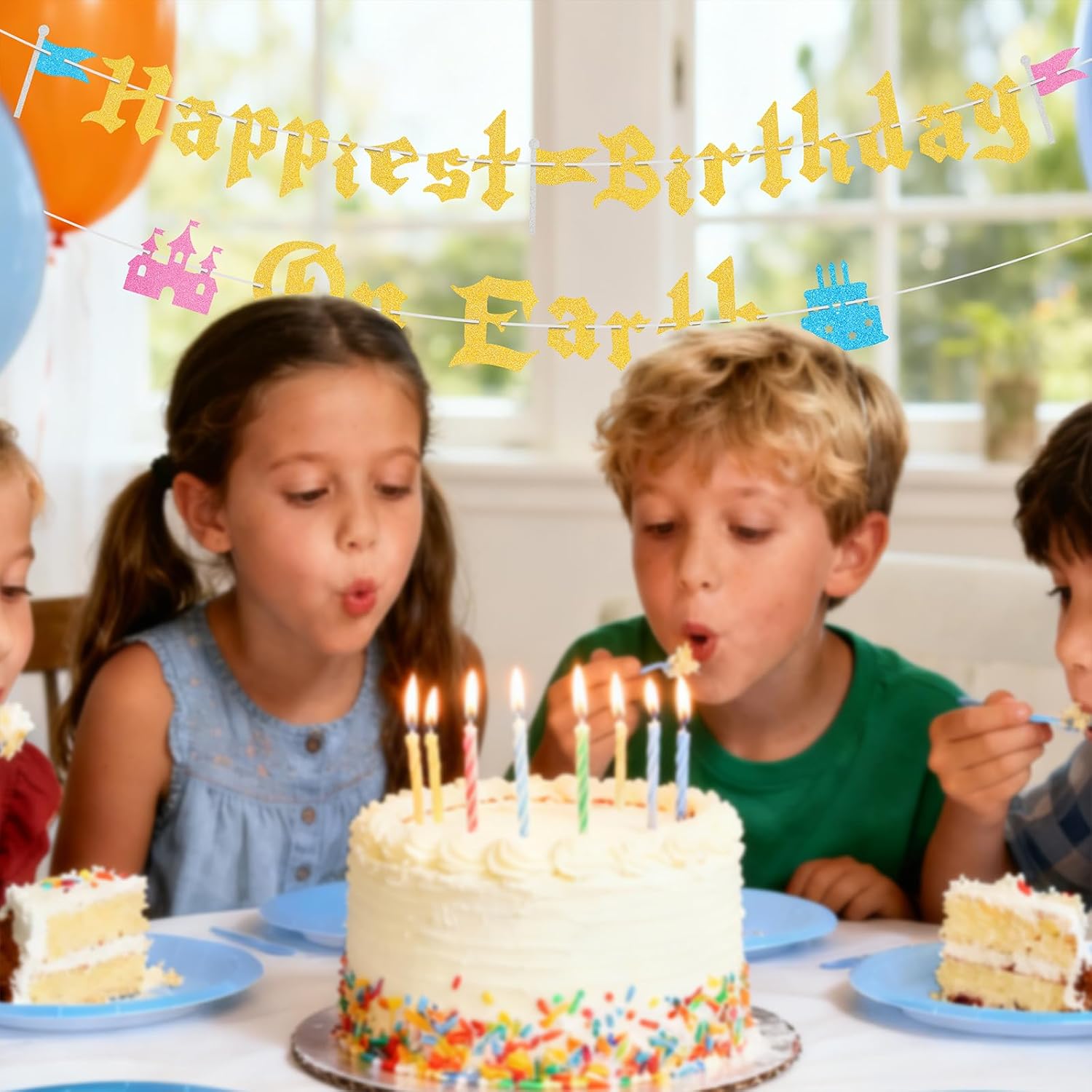 Glitter Happiest Birthday On Earth Banner Princess Birthday Decorations Banner for Girls Women Castle Theme Bday Baby Shower Party Supplies