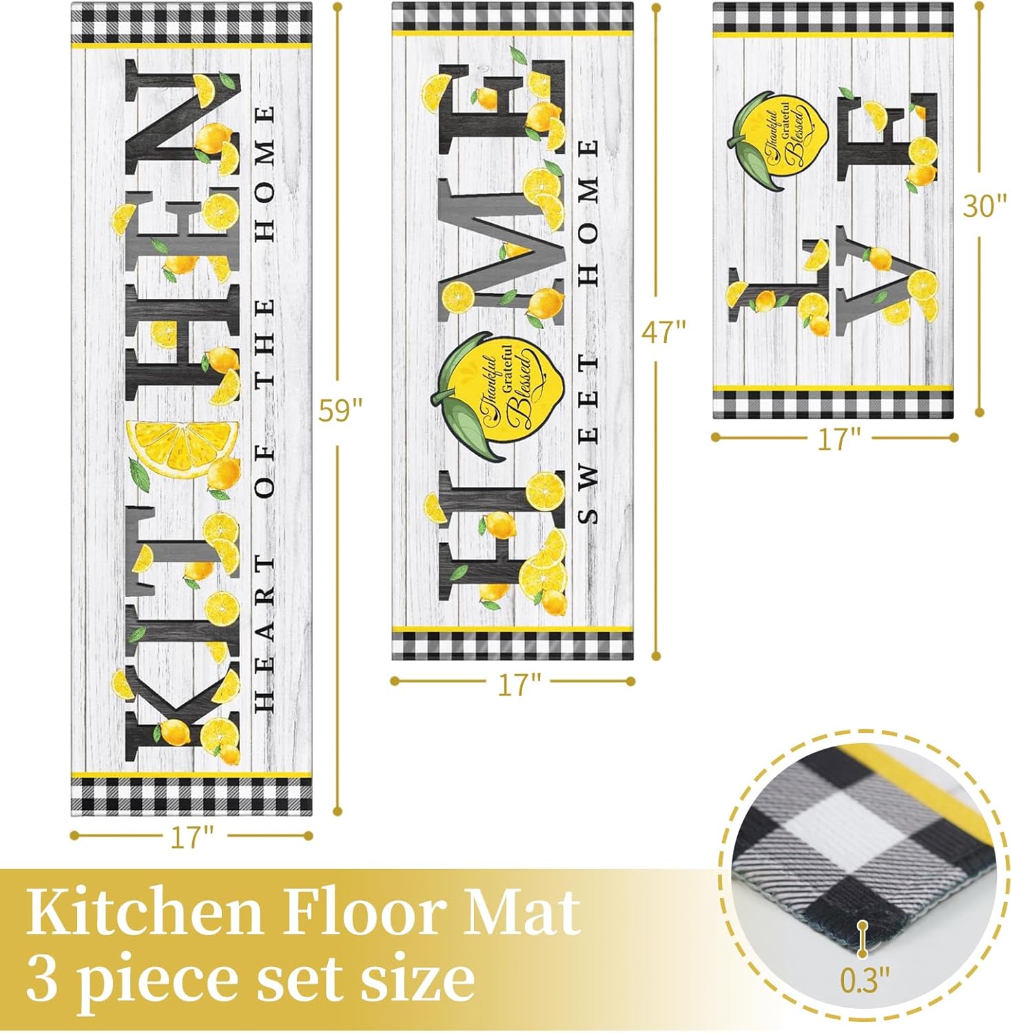 Lemon Kitchen Rugs Sets of 3 Piece, Plaid Rustic Watercolor Floor Mat Rug Runner Area Rug Carpet Washable, Farmhouse Yellow Lemon Kitchen Decor and Accessories Stuff