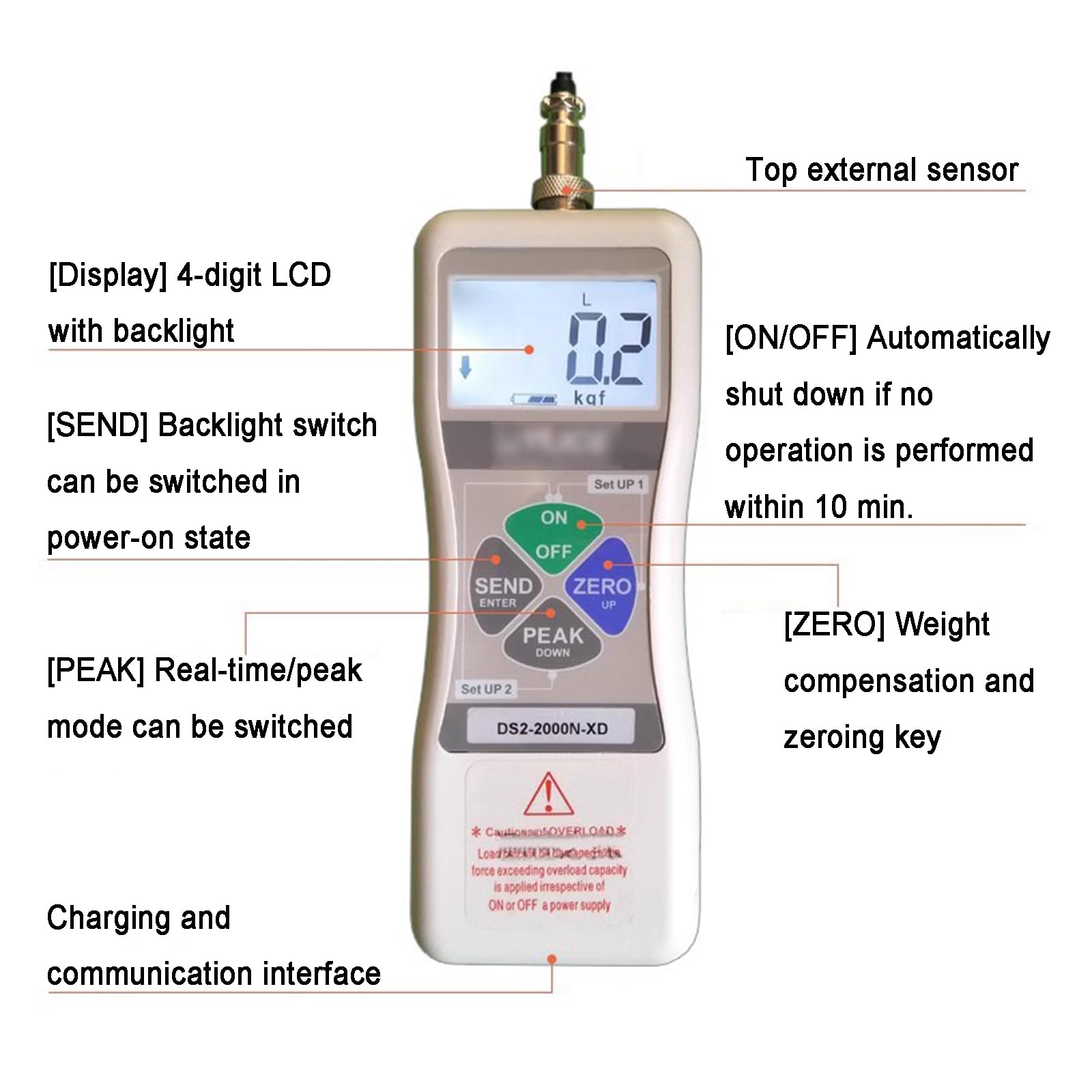 Misuratore di Forza Digitale, con Sensore Esterno, Misuratore di Tensione Dinamometrico Push-Pull, con modalità in Tempo Reale/Picco, Uscita Dati, Ricaricabile