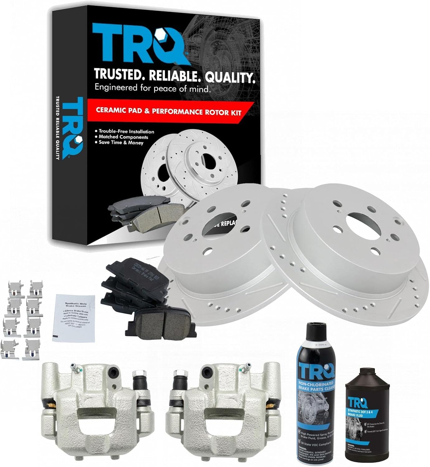 TRQ Rear Performance Brake Pad & Rotor Kit Brake Caliper Brake Chemical Kit Brake Pads Brake Rotors Set Ceramic Compatible with 2005-2010 Scion tC