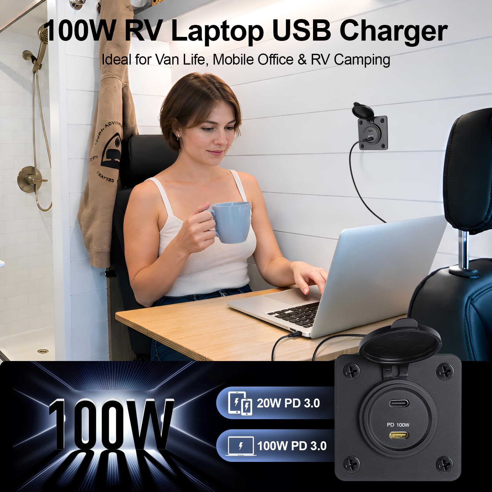 Gniazdo USB C 100 W PD i 20 W PD wszystko z aluminium, 2 szt | Samochód kempingowy Gniazdo USB Ładowarka, szybkie ładowanie do laptopa przyczepy kempingowej łodzi ciężarówki