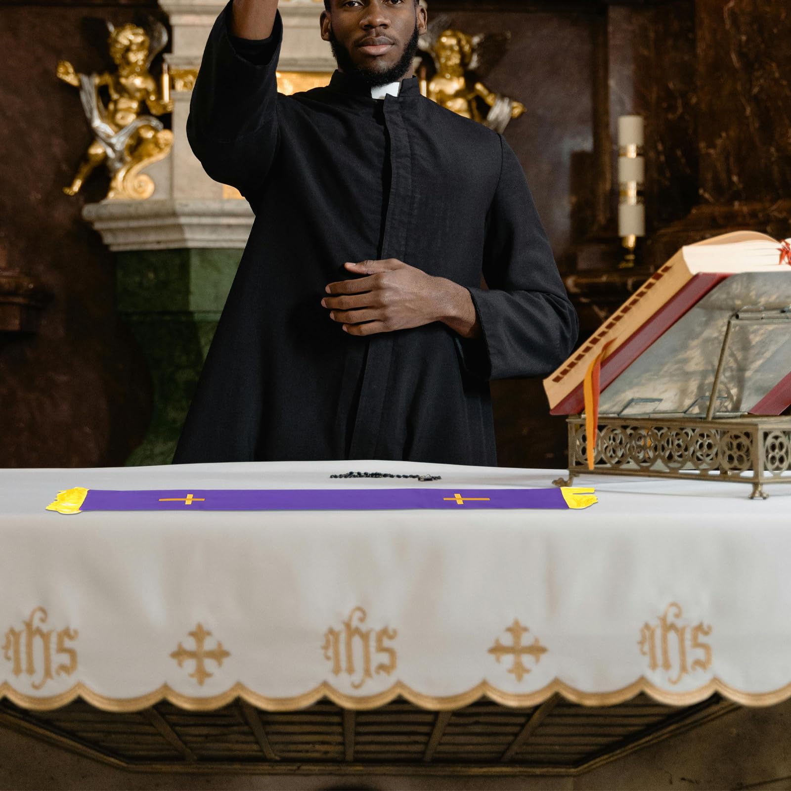 Ipetboom Set di paramenti per pastori per chiesa protestante, pulpito reversibile e tovaglia, forniture per il clero per servizi di culto, funerali o matrimoni, verde viola