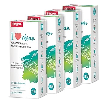 Sirona Sanitary Napkin & Baby Diapers Disposal Bags - 60 Bags (Pack of 4 - Each Pack Contains 15 Bags)