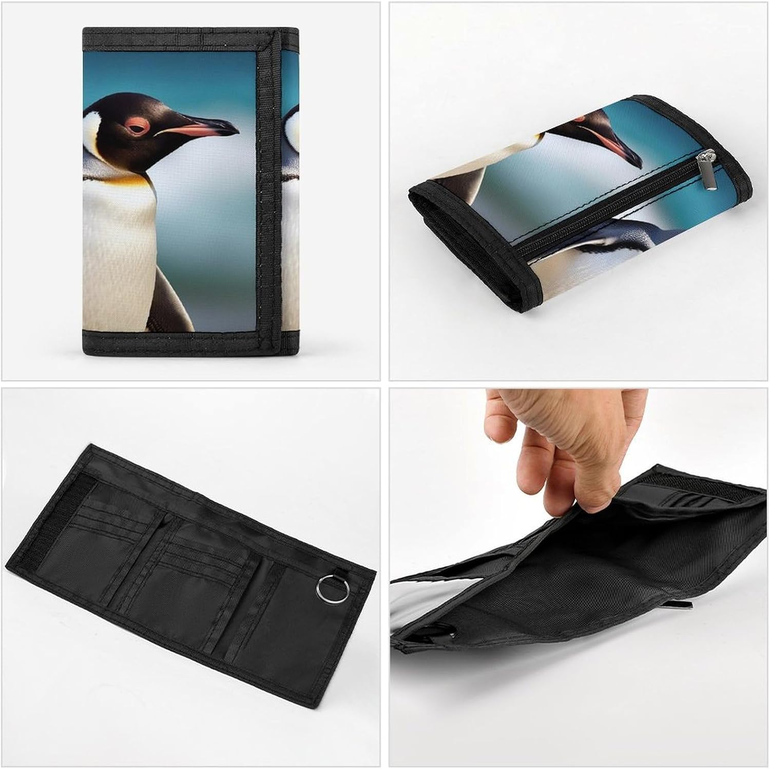 Trifold Canvas Wallet with Keychain, Modern Fashion Credit Card Holder Wallet for Men Women, Cute Penguin Slim Wallets W/Zipper Coin Pocket, Novelty Birthday Gift
