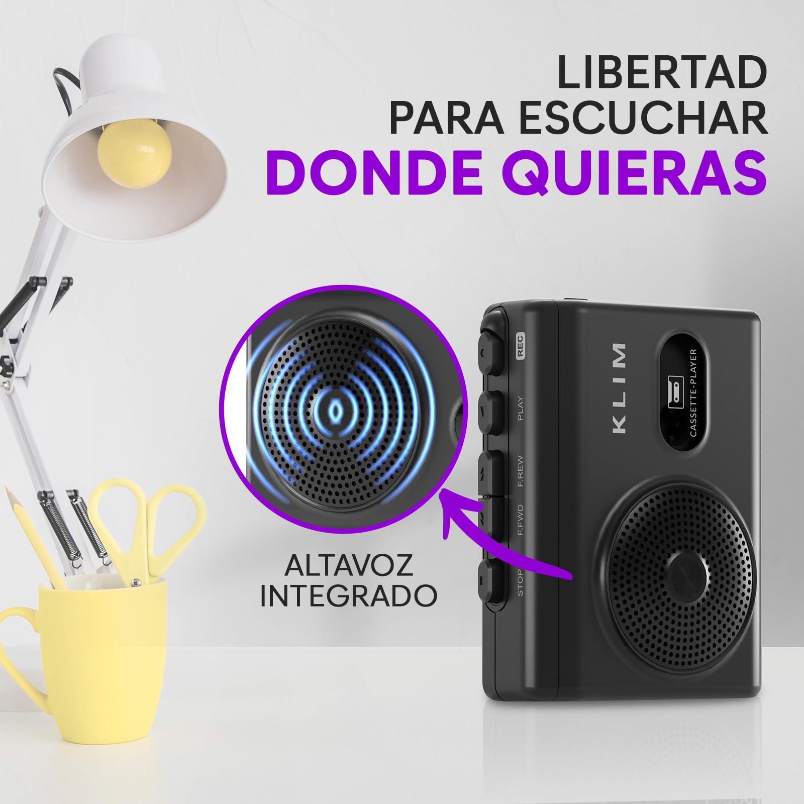 Reproductor Cassette y Grabadora Cassette KLIM K9 – Portátil con Altavoz Integrado, Micrófono, Entrada para Auriculares, Funciona con Pilas AA (Incluidas) o Adaptador AC, Auriculares Incluidos