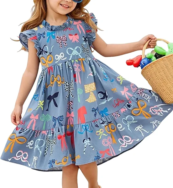 Little Bitty Girls Floral Dress Boho Ruffle Sleeveless Dresses Pleated Casual Swing Beach Sundress for Kids 2-7 Years