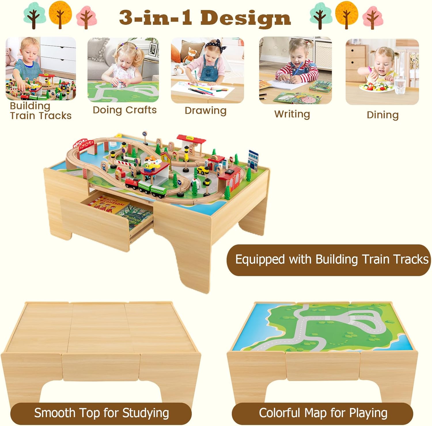 Costzon Train Table, 3-in-1 Wooden Train Set Table w/Reversible 84 PCS Track Train Toys, Table Map & Storage Drawer for Building, Playing, Studying, Kids Activity Table for Toddlers Aged 18 M+
