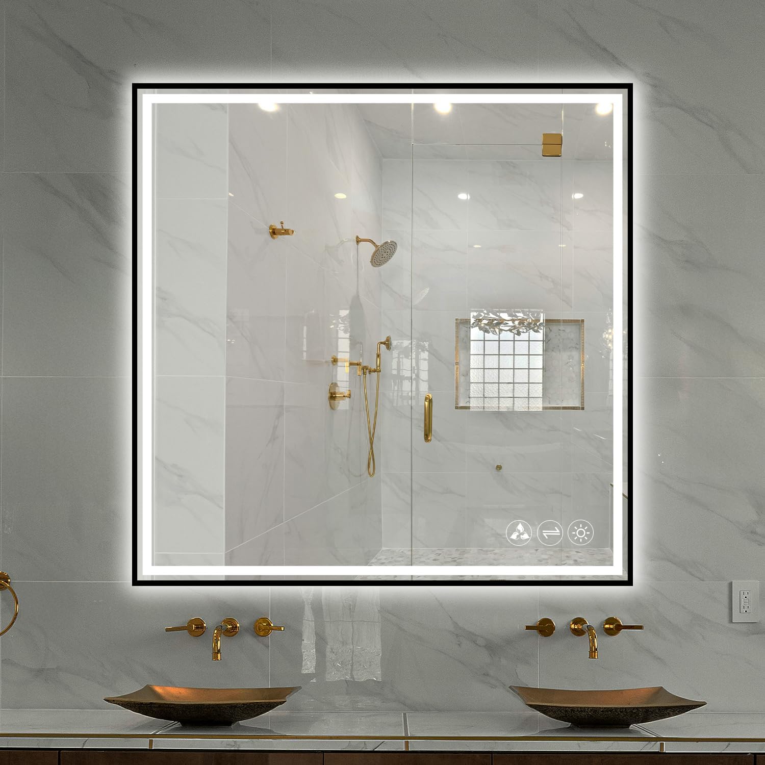 36x36 Inch LED Bathroom Mirror with Matte Black Frame| Wall Mounted Backlit Vanity Mirror with Lights | Anti-Fog, 3 Color Dimmable Smart Bathroom LED Mirror | Frame Vanity Mirror for Makeup