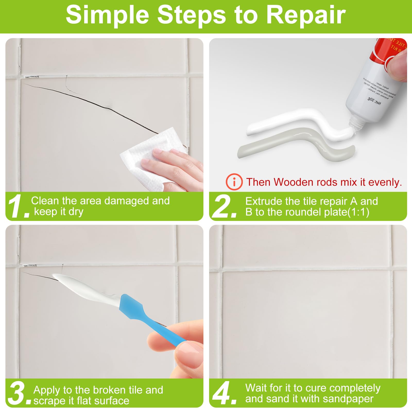 Kigniote Kit de reparación de platos de ducha de cerámica blanca, kit de reparación de azulejos de baño, kit de reparación de fregadero de 100 g, kit de reparación de fregadero de cerámica blanca para