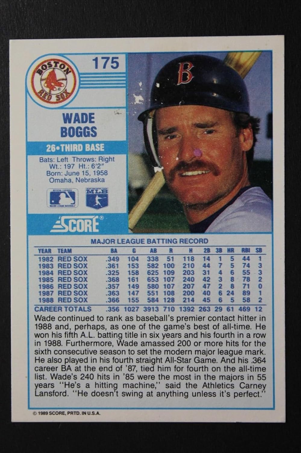 Wade Boggs Boston Red Sox Signed 1989 Score #175 Autographed Baseball Card