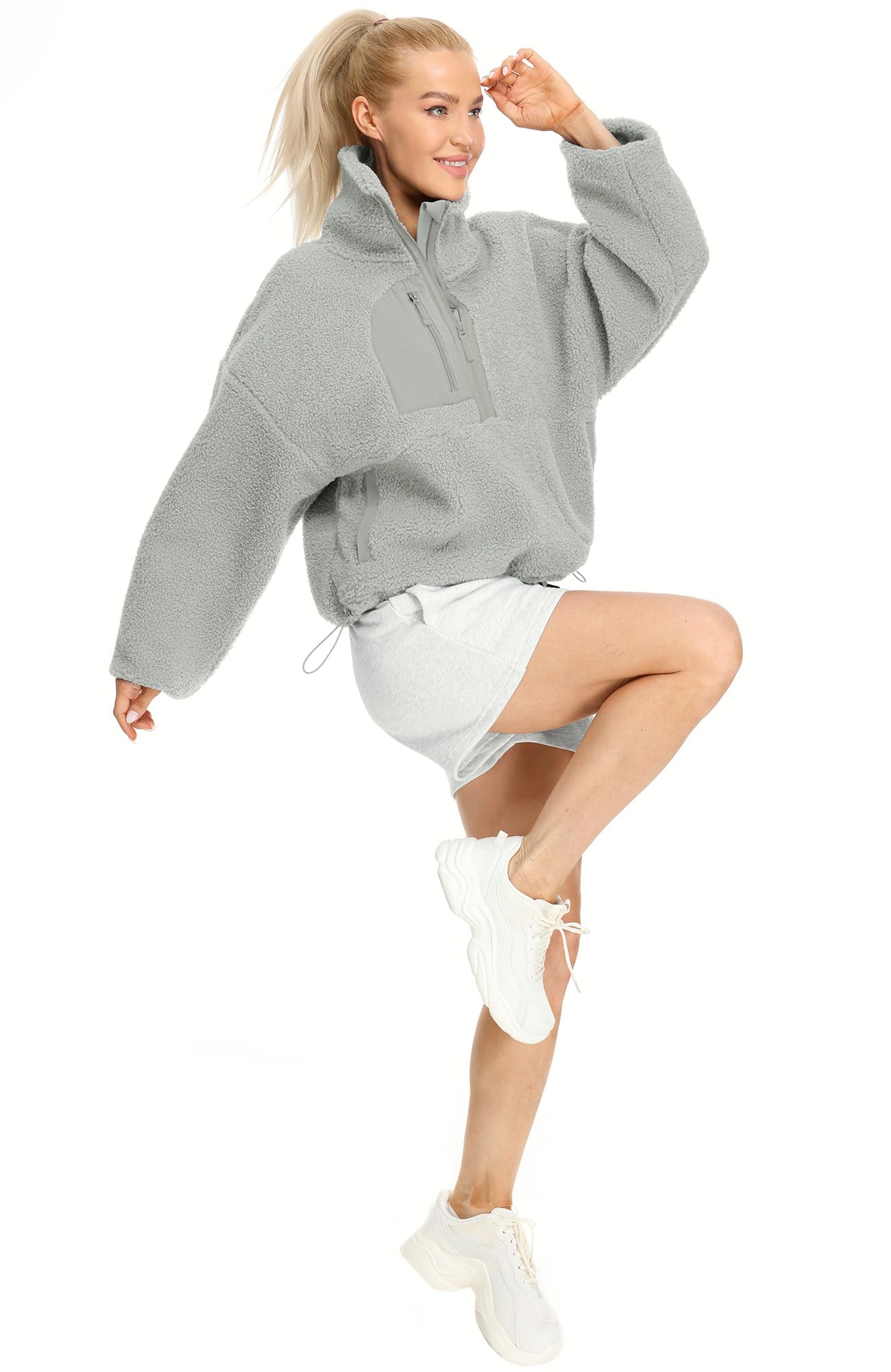 icyzone Sudadera de forro polar para mujer, con bolsillos y cordón