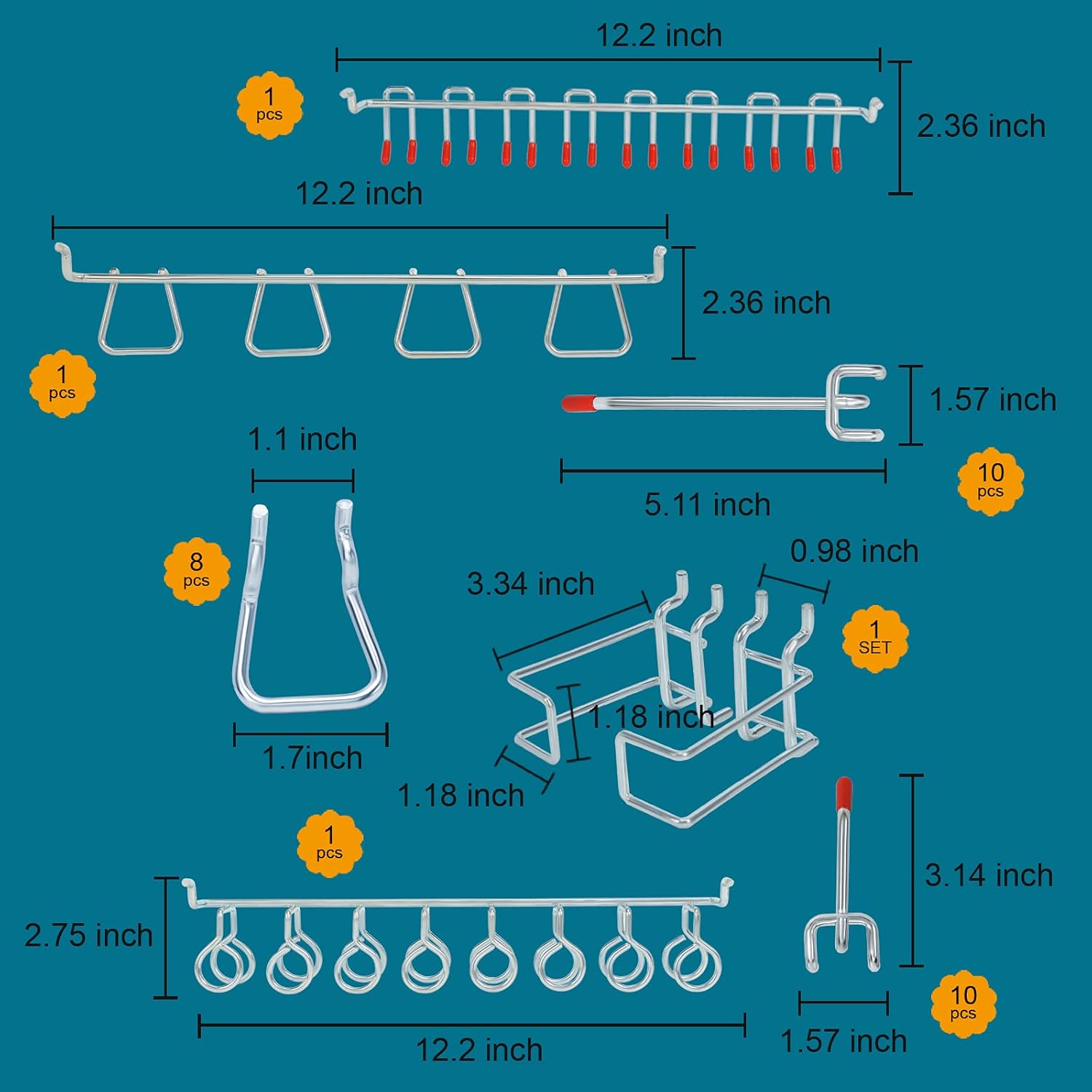 Daanxw 1/4 inch Heavy Duty Pegboard Accessories Organizer Kit, 1/4 inch Pegboard Attachment, 1/4 inch Pegboard Hooks, Metal Hooks for Hanging Storage(100 Various Hooks and 88 Locks)