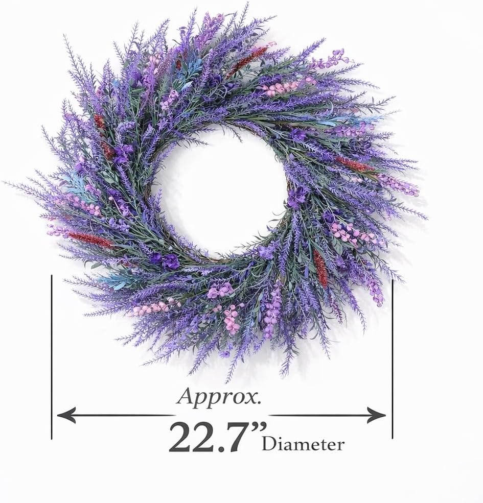 22'' Lavender Front Door Wreath with Hook, Large Purple Spring Summer Floral Wreath, Weather Resistant Artificial Farmhouse Porch Wall Fireplace Decor