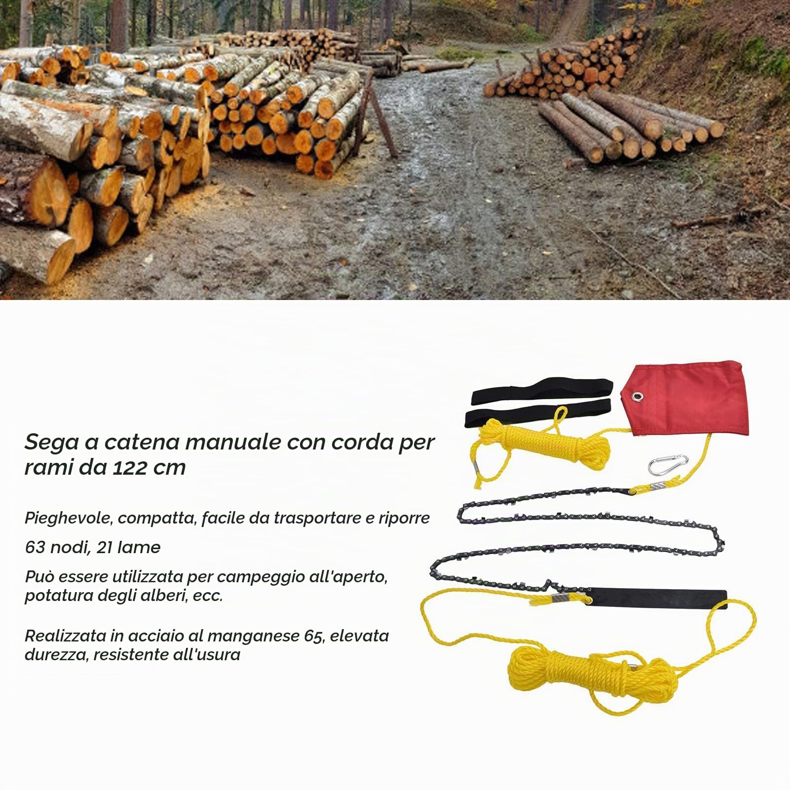 Sega a Mano a Catena,48 pollici Sega a Catena Manuale con 63 Denti Affilati, Motosega Tascabile Pieghevole per Potatura di Alberi e Avventure All'aria Aperta
