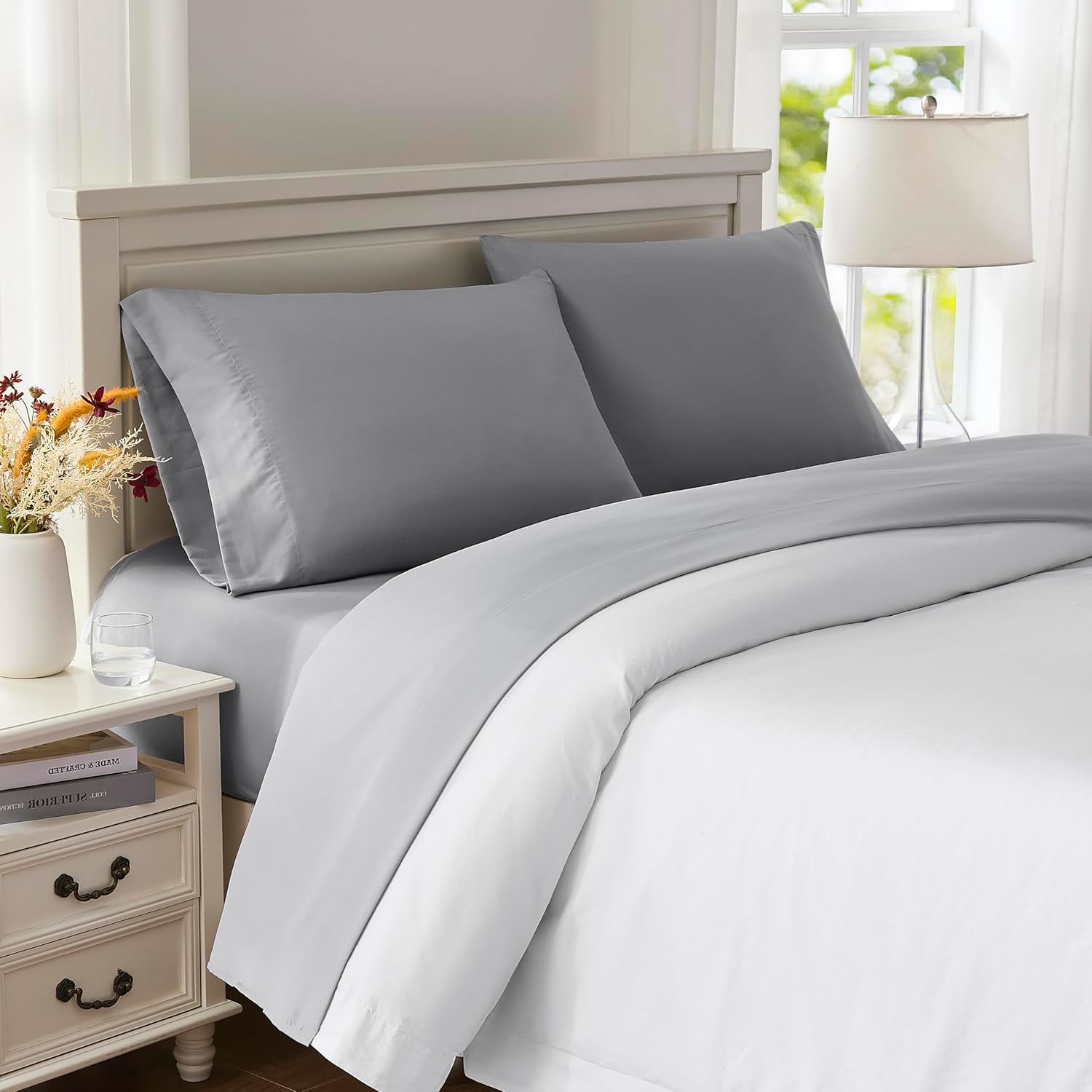 Cozy Soft Cooling 4 piece Sheet Set - Luxurious, Supreme Soft and Cozy Microfiber Bed Sheets - Includes Flat Sheet, Fitted Sheet with Deep Pockets, & Pillowcases & Easy Care- White Queen