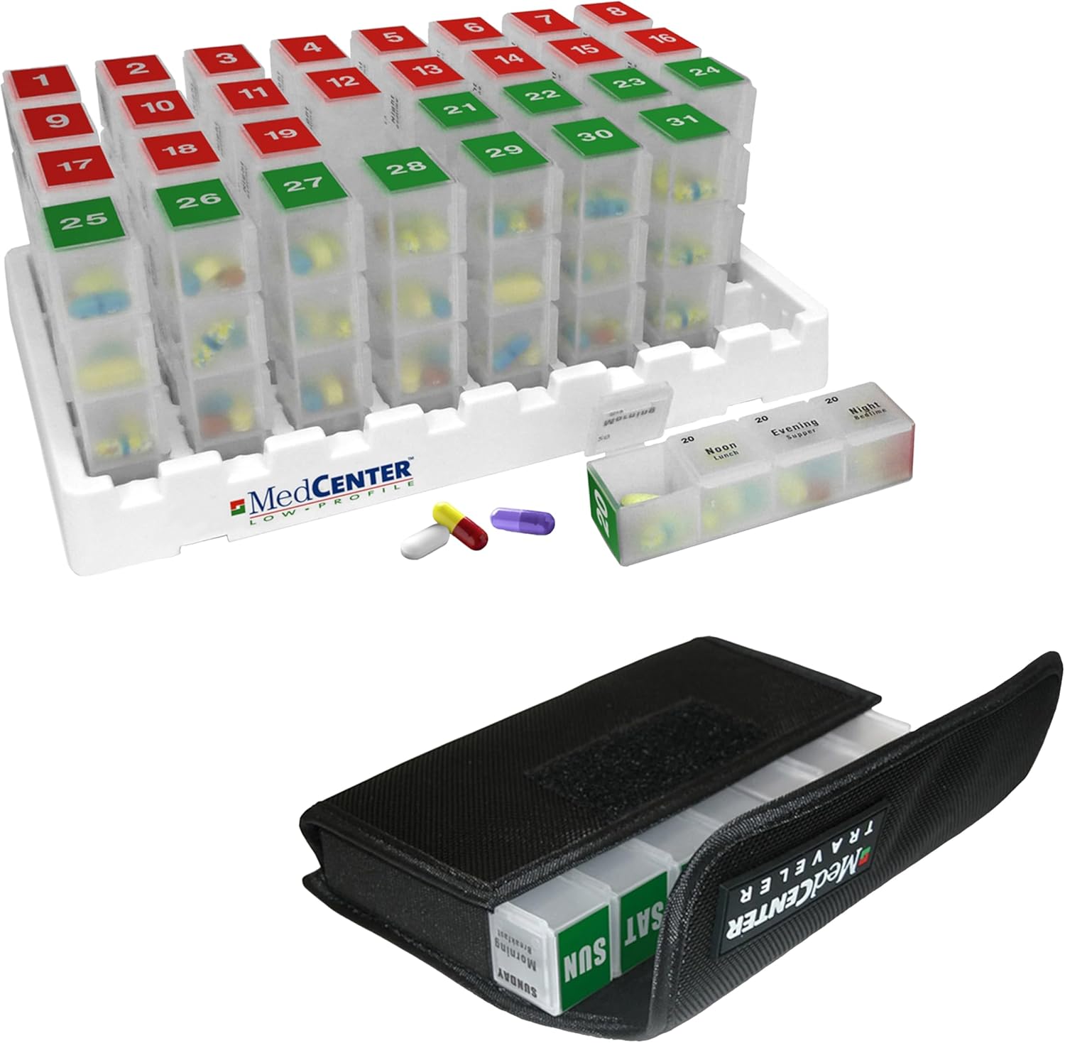 FSA HSA Eligible Monthly & Weekly Pill Organizer Set - 31 Day Pill Box with 4 Daily Compartments & 7 Day Travel Medication Organizer with Portable Nylon Case