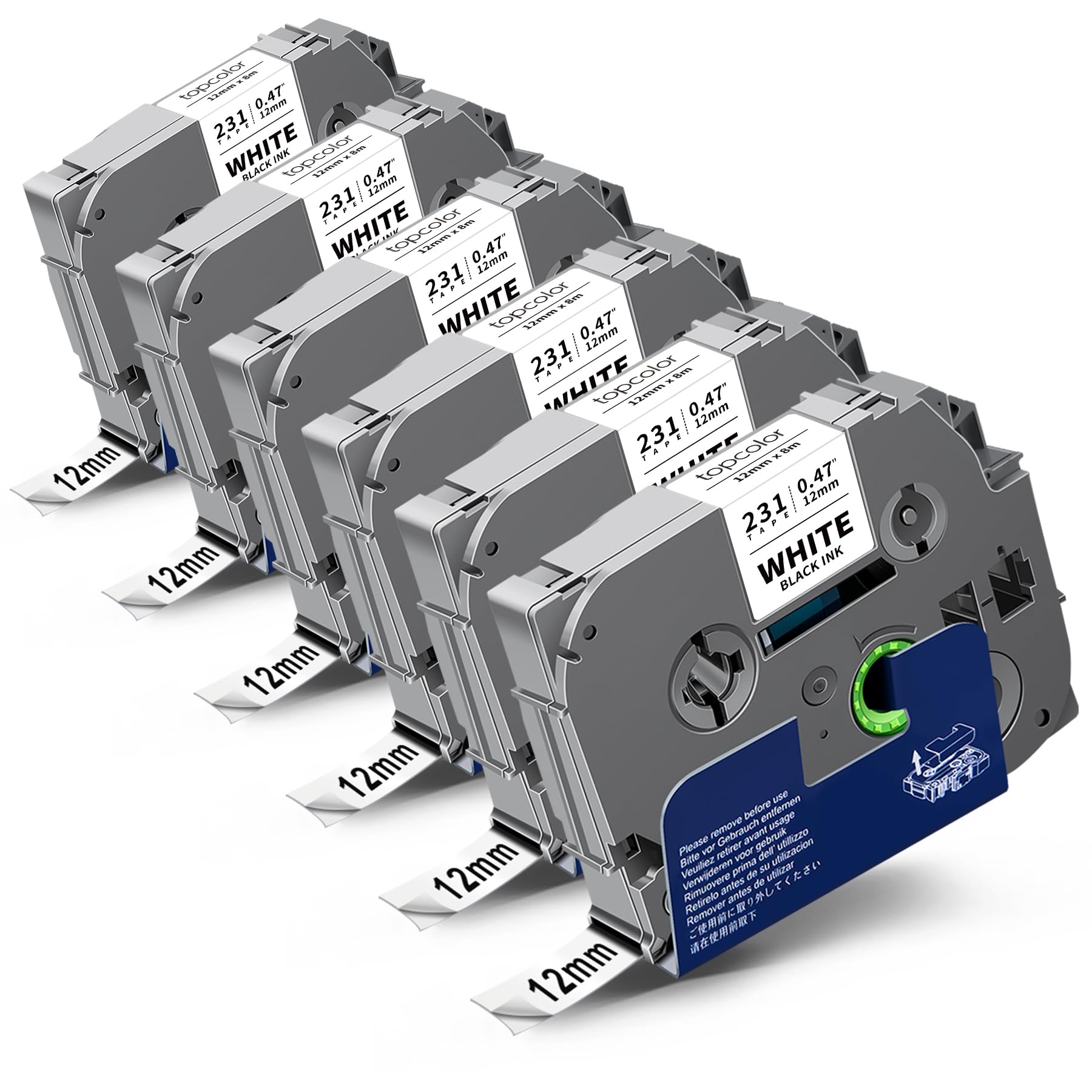 Topcolor 6-Pack Tze231 12mm Label Maker Tape Compatible for Brother P Touch Label Tape 12mm 0.47 White Tze-231 Tz231 Tze Tz 12mm 1/2" Laminated White