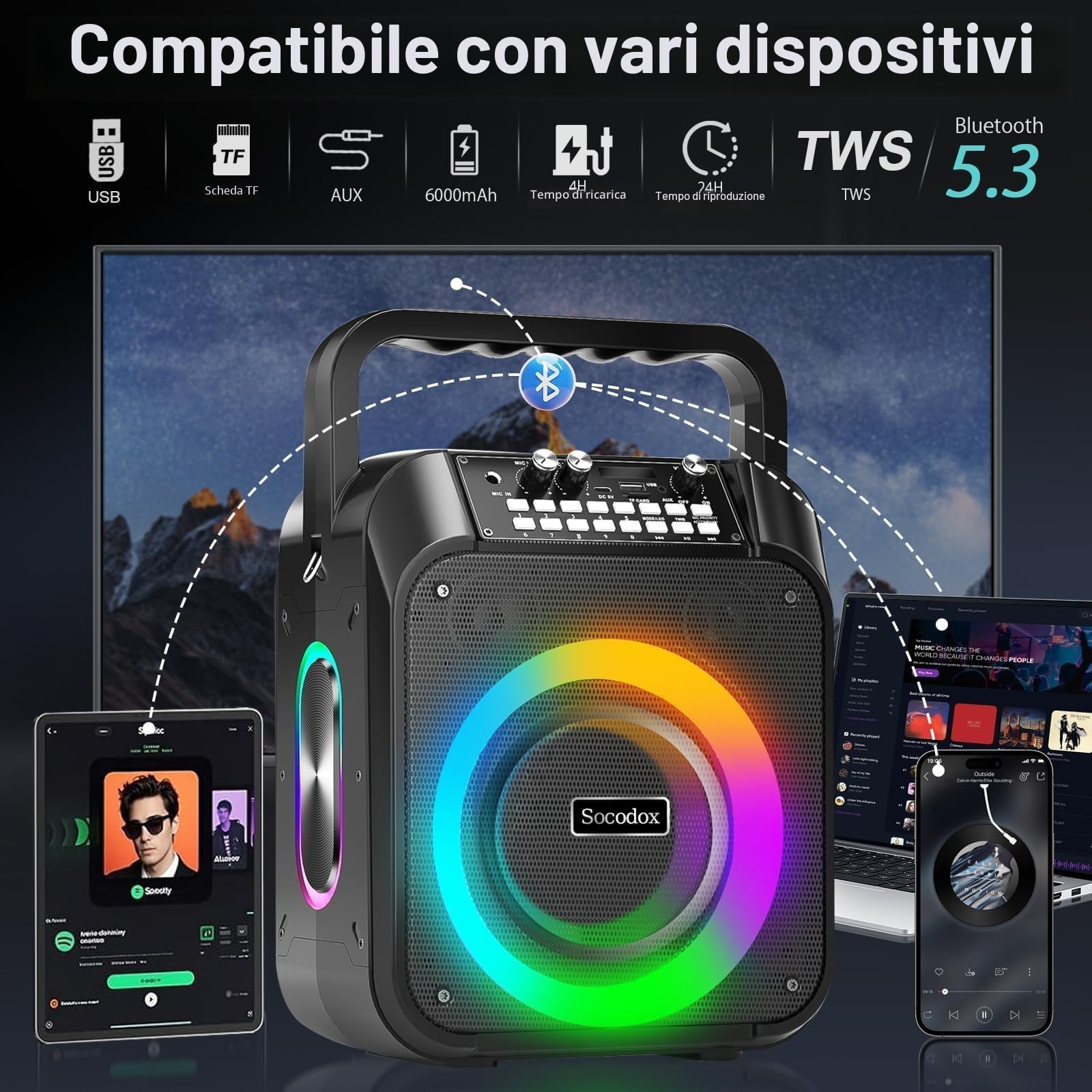 Macchina Karaoke, Altoparlante Bluetooth Portatile con 2 Microfoni Wireless, Batteria 6000mAh 8H Riproduzione,Stereo TWS,Luci RGB,Sistema PA Dual Bass Boost per Adulti,Bambini,Feste,Canto,DJ