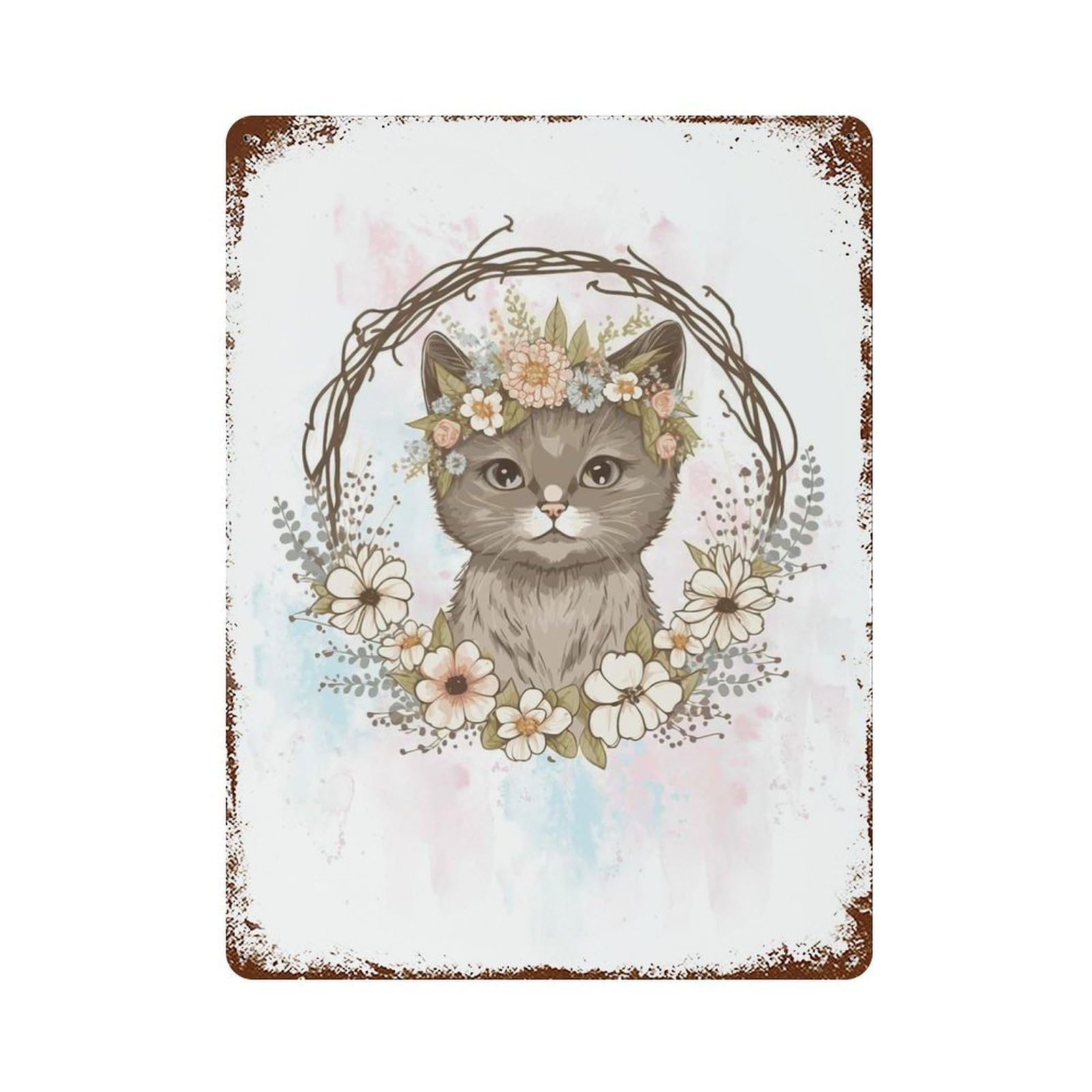 Watercolor Baby Cat Kitten Rust Effect Tin Sign 15.7"x11.8", Decorative Metal Wall Art for Living Room, Hallway And Home Decor