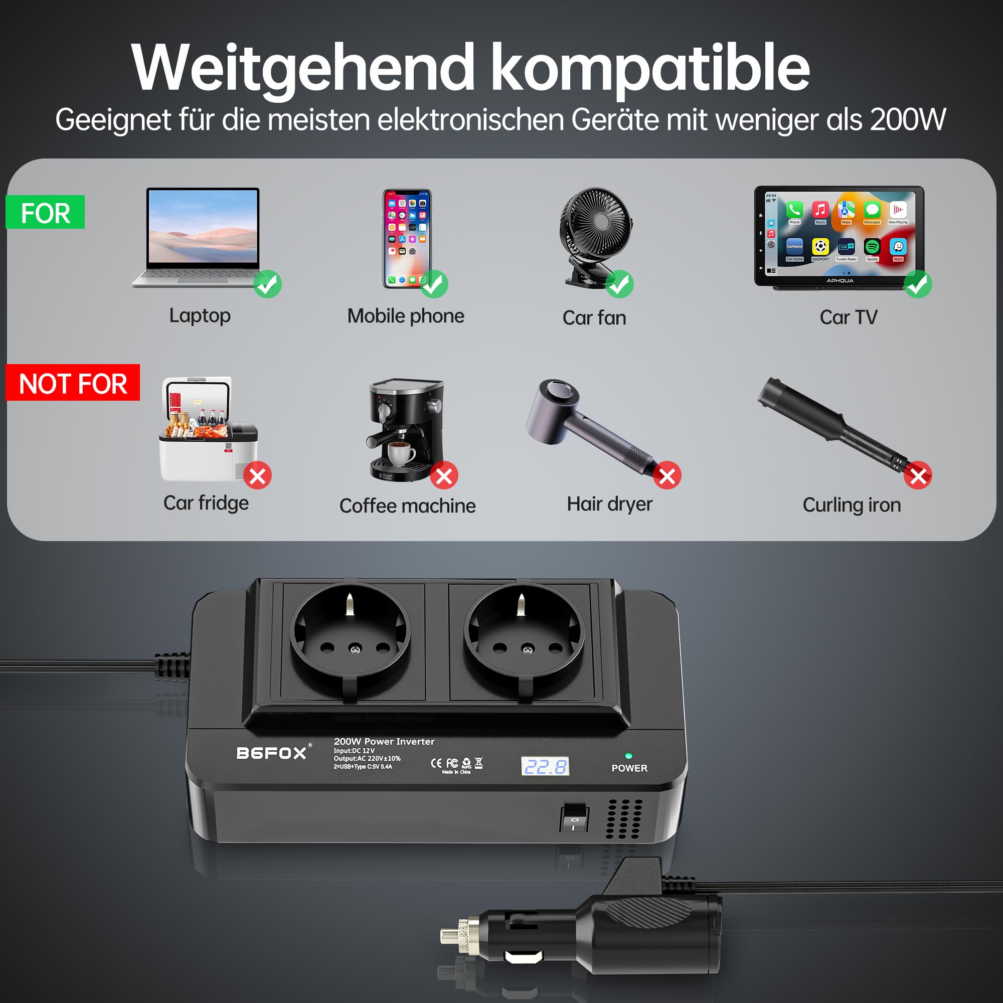 200W Wechselrichter 12V auf 230V Auto Spannungswandler, Stromwandler mit 2 Auto Steckdose/Type-C & 2 USB Anschlüsse und Zigarettenanzünder Verteiler für Handys, für Laptop, iPad, DashCam