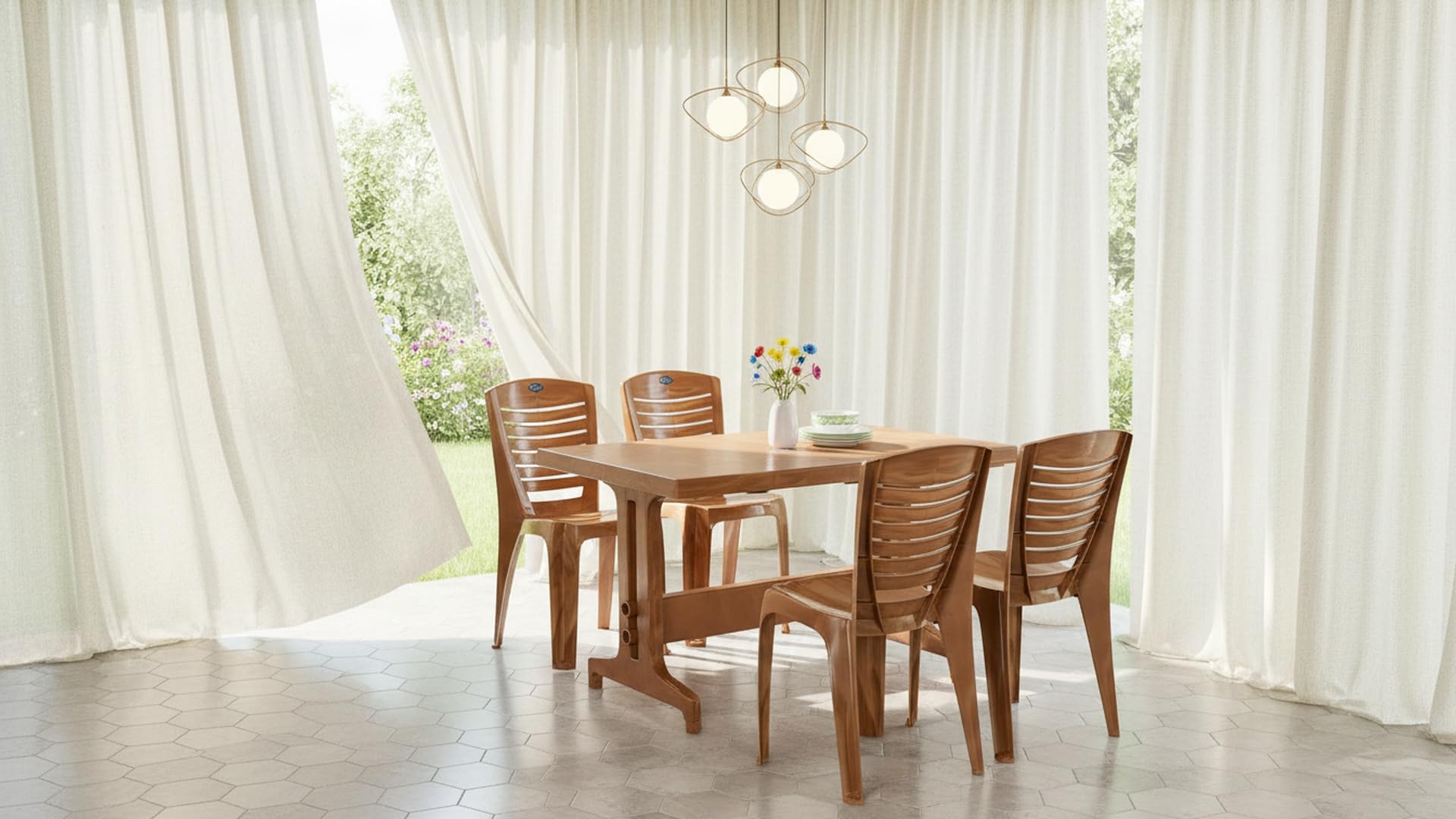 Nilkamal Ultima Rectangular 4 Seater Virgin Plastic Dining Table Set for Dining Room | Indoor & Outdoor |Home Office | Hotel, Café and Restaurants | 1 Dining Table with 4 Chairs | Color Pear Wood-image-37