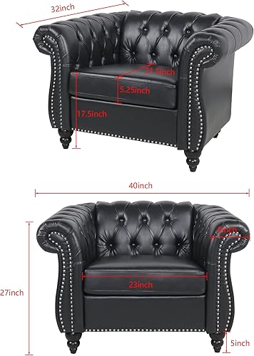 Miniatura 2 de LEVNARY Sillón tapizado de cuero, moderno sofá individual de mediados de siglo con brazos enrollados y cabeza de clavo, silla Chesterfield de piel
