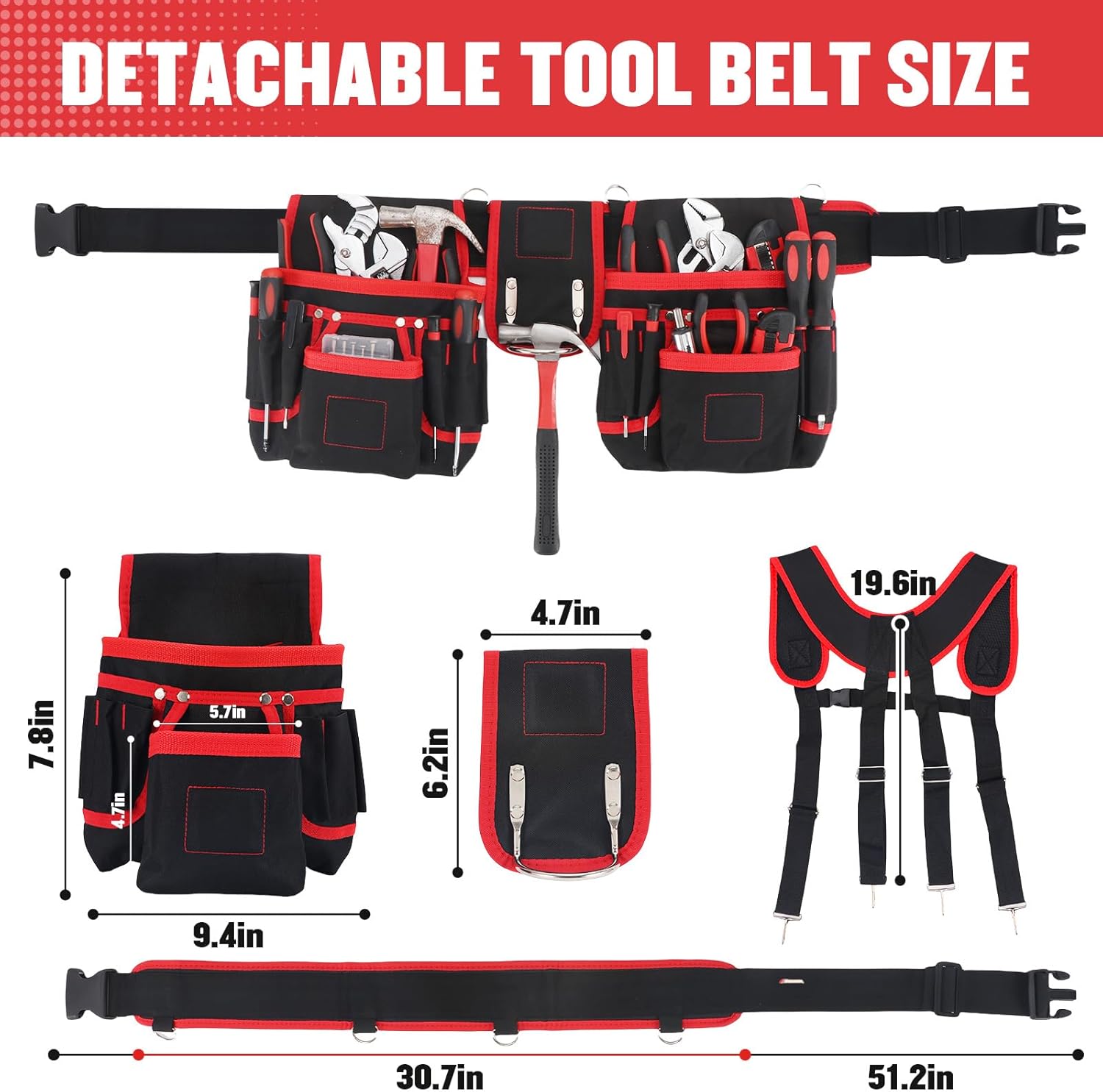 Tool Belt, Professional Tool Belts with Suspenders, Magnetic Tool Pouch for Men, Heavy Duty Detachable Adjustable Work Belt for Electrician, Carpenter, Construction