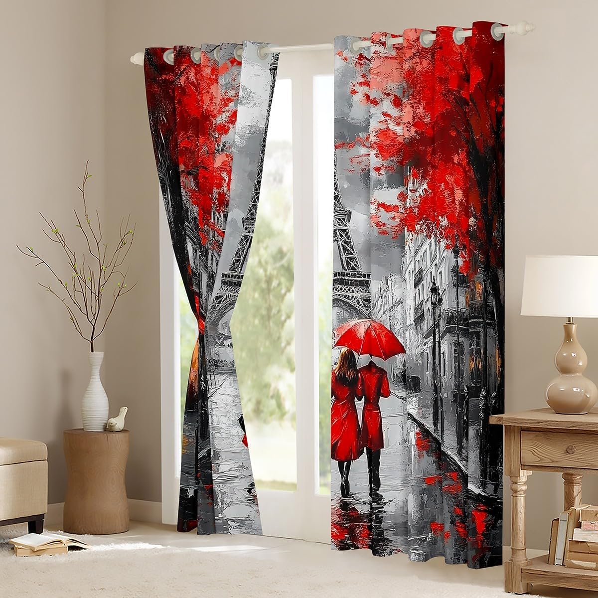 Paris Eiffel Tower Window Curtains For Paris Room Decor, Retro French Citysapce Window Drapes Oil Painting Window Treatments, Paris Gifts For Women Teen Girls, Red, Black, Romantic 42"x84",2 Panels