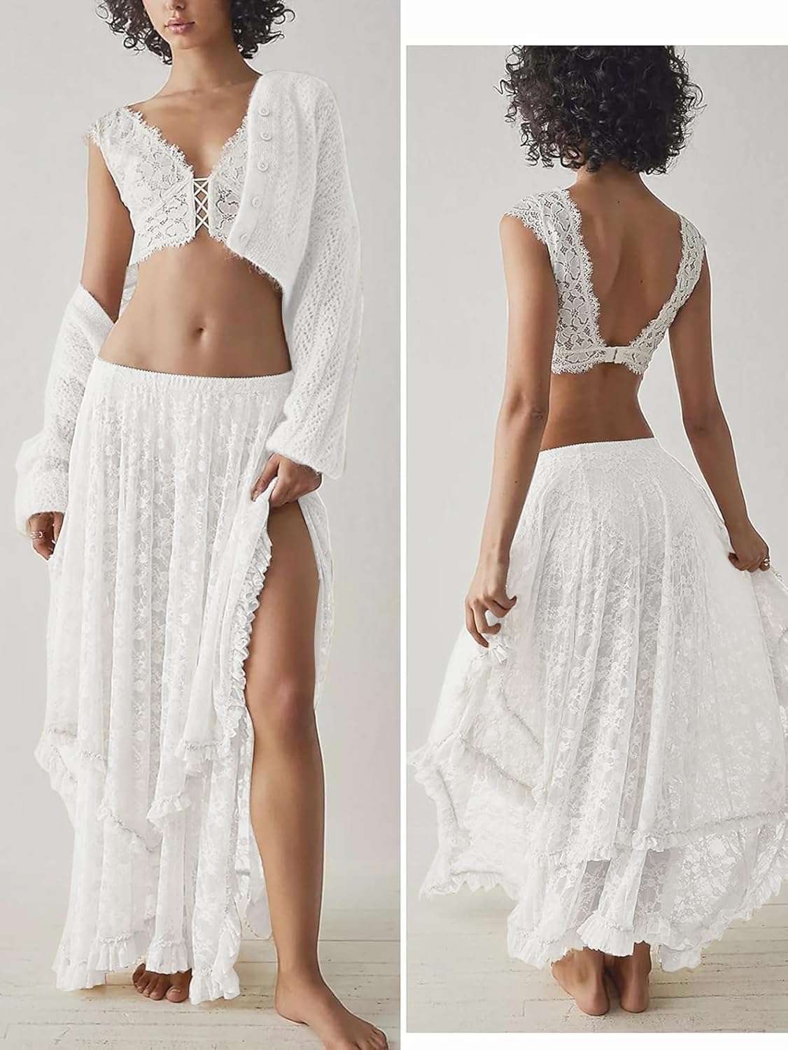 YKR Womens Lace Long Skirts Elastic Asymmetrical Layered Hem Sexy See-Through Flowy Skirts Floral Beach Maxi Skirt - Image 5