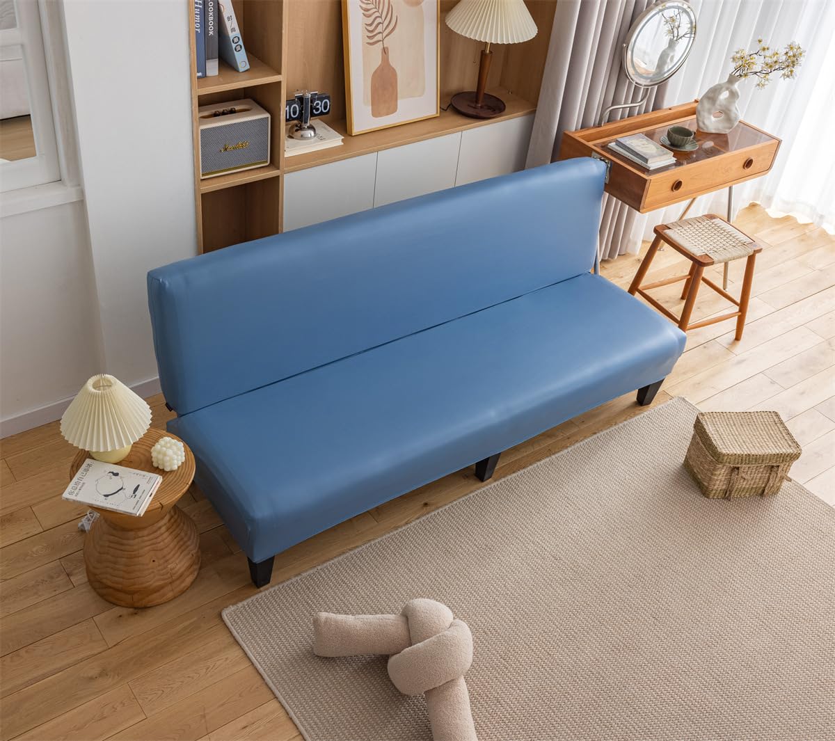 Funda para Sofá Clic Clac Sin Brazos, Funda De Futón Cama Elastizada PU Leather, 2-3 Plazas Elástico Escudo De La Cubierta del Sofa del Sofá Plegable (Blue,150-190cm)