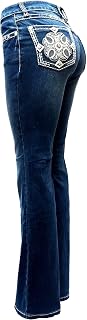 Jack David H&Y U-Cute Rose 2 Rhinestone Studded Denim Bootcut Flap Pocket Jeans