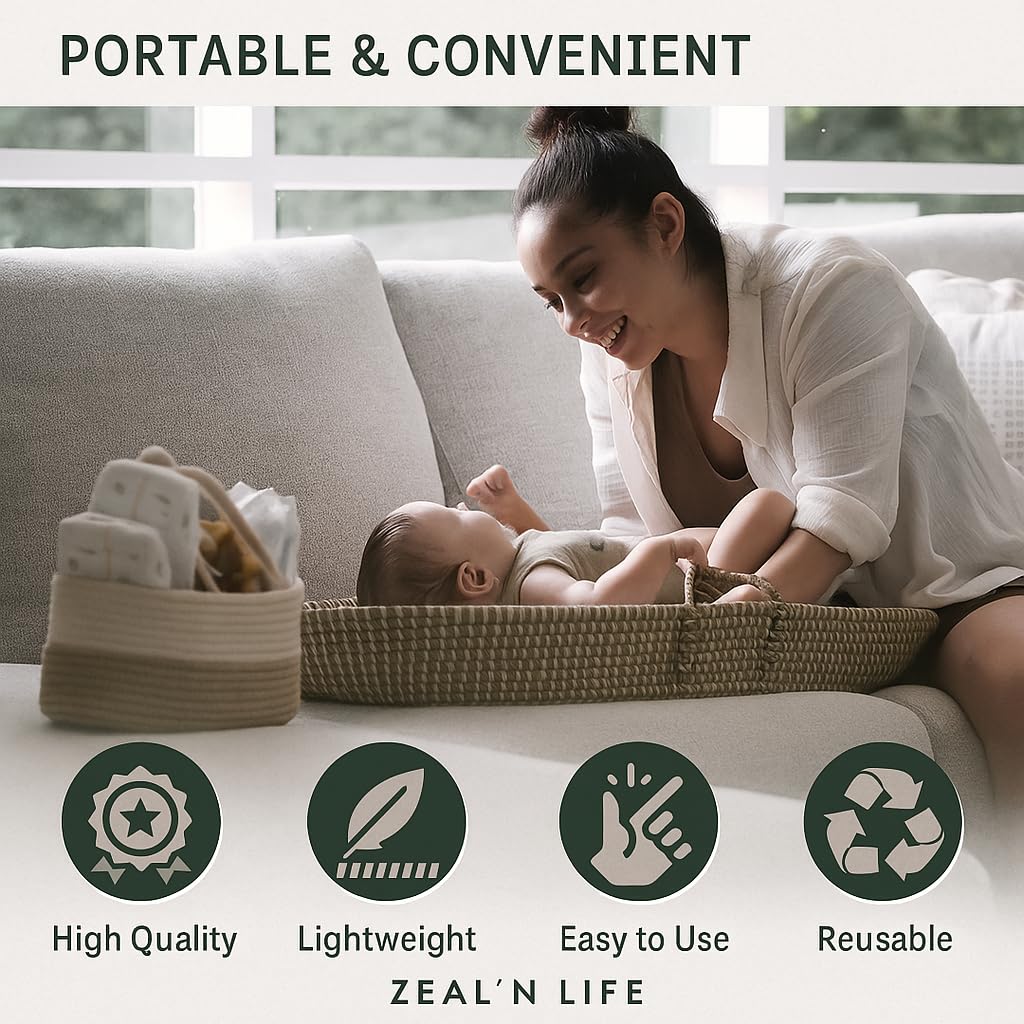 Seagrass Moses Basket by ZEAL'N LIFE, Moses Baskets for Newborn, Baby Changing Basket with Baby Towel, Washable Waterproof Pad Covers & Diaper Caddy, Changing Basket Baby (31 Inch)