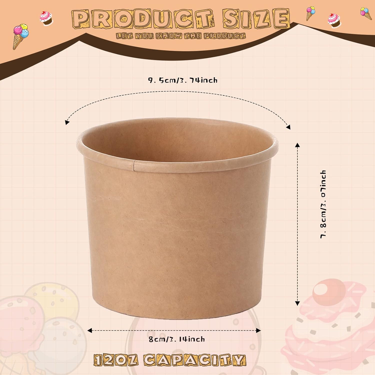 Honeydak 100 Pieces Ice Cream Soup Cups Paper 12 oz Disposable Sundae Bowls Kraft Paper Hot Cold Snack Yogurt Dessert Small Cups for Ice Cream Baby Shower Party Supplies, Brown Disposable Bowls