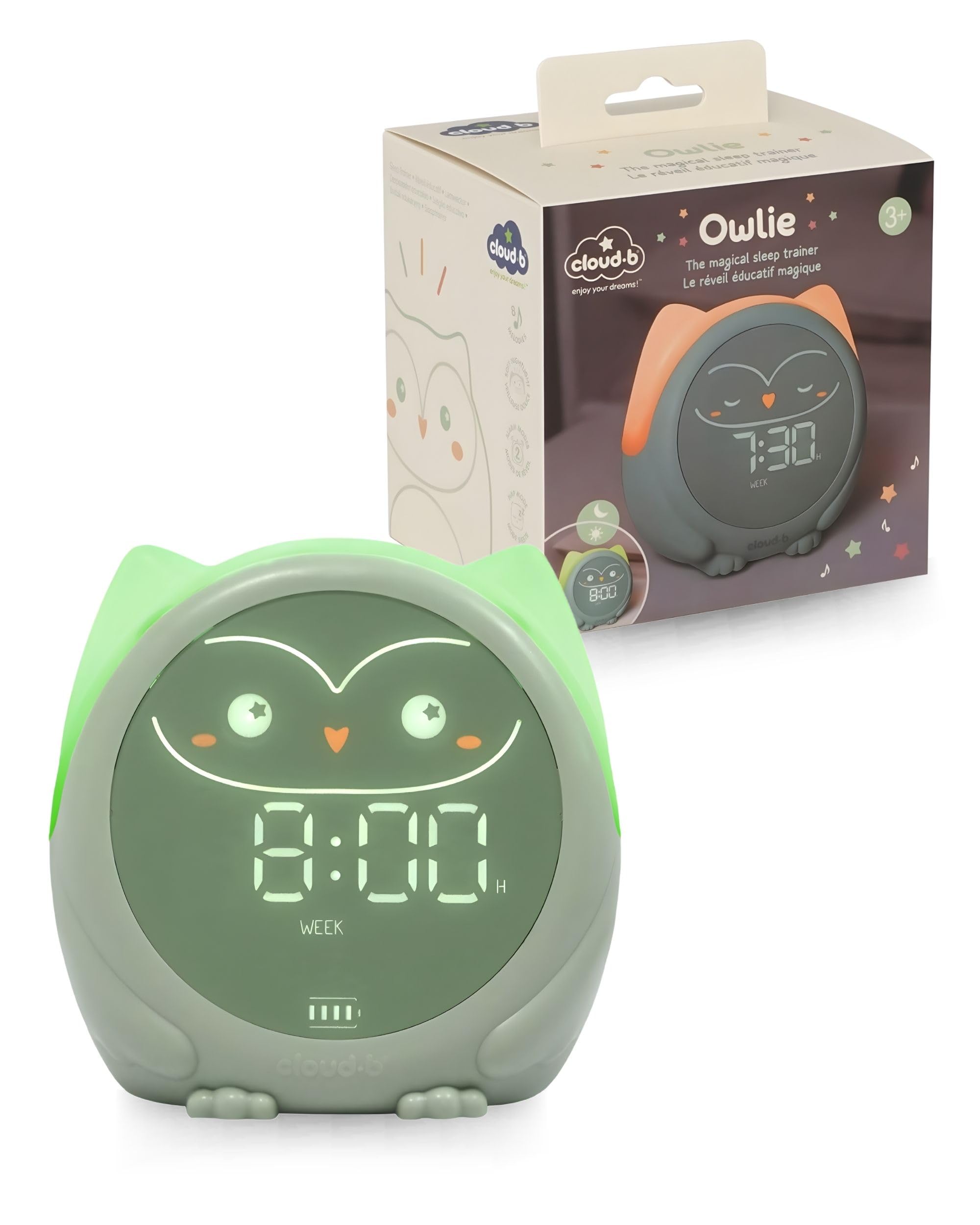 Cloud b Owlie Der Magische Schlaftrainer und Wecker | Schlaftrainings-Uhr für Kinder | 3 Lichtmodi | 4 beruhigende Einschlafgeräusche & 4 sanfte Weckmelodien