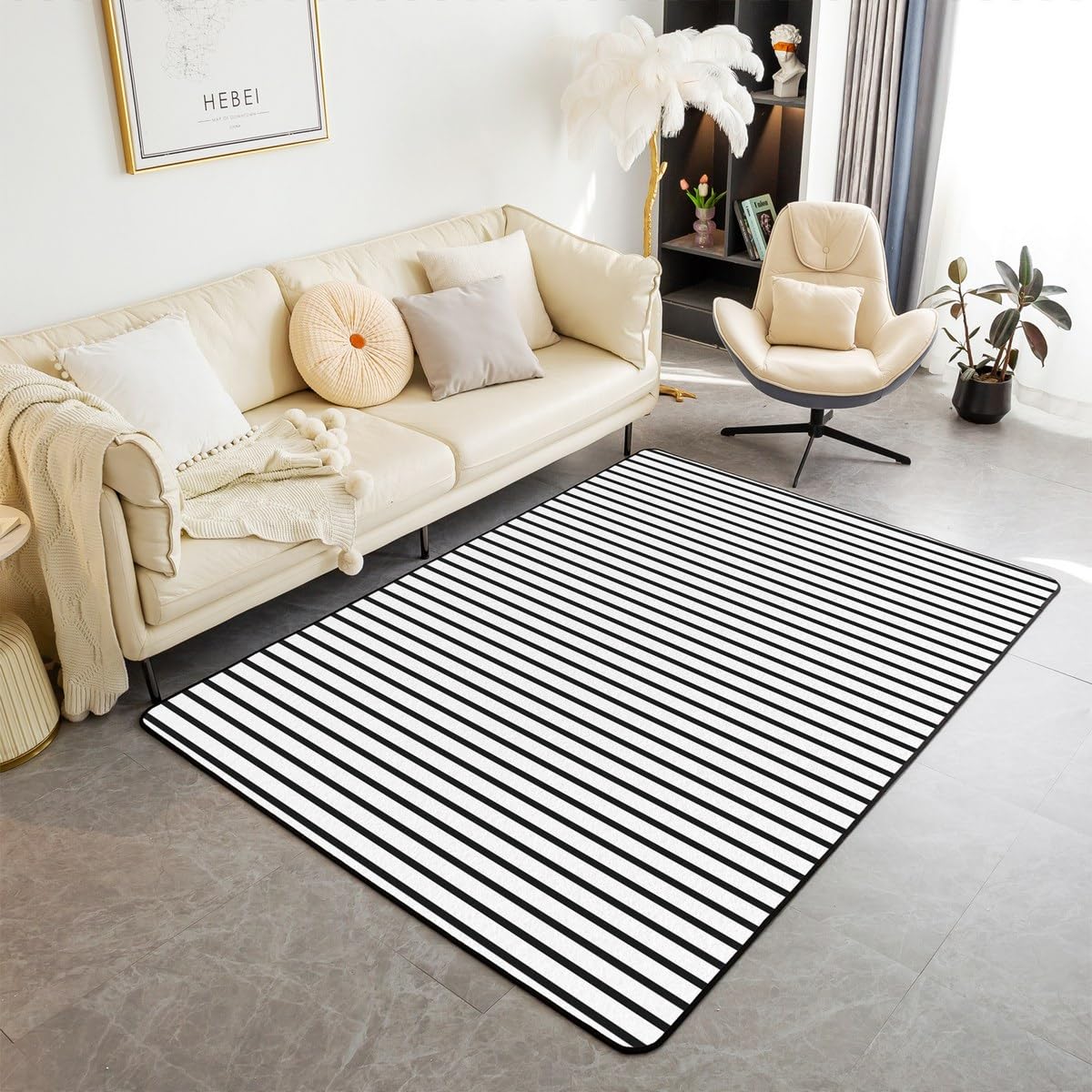 Homewish Schwarz und Weiß Gestreift Teppich 150x200 Moderne Gestreifte Jugendliche Teppich Wohnzimmer Geometrische Weiße und Schwarze Pinstripe Carpet Minimalisten Streifen Flächenteppich Stilvoll Rug