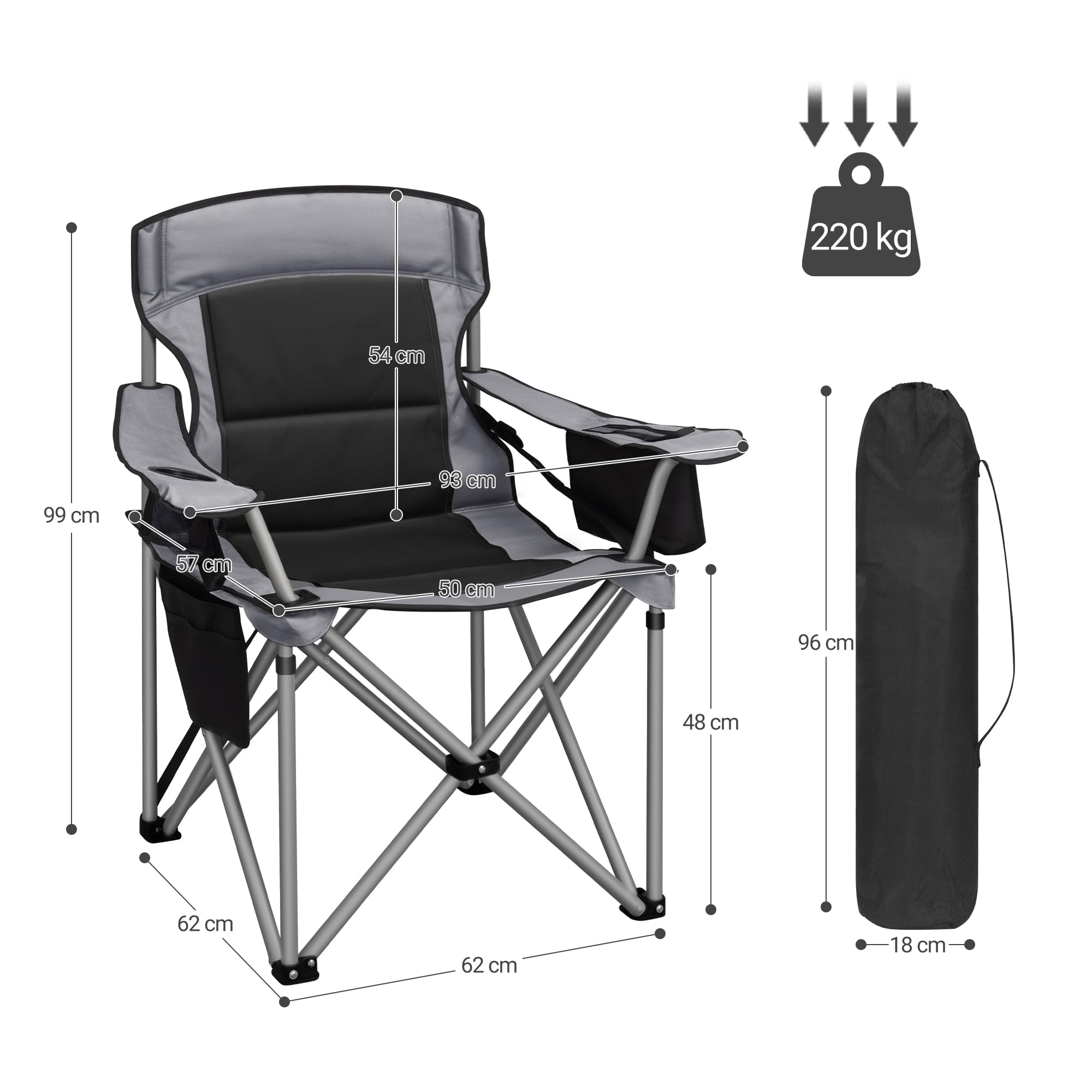 Hzuaneri Silla de Camping Plegable Soporta hasta 220kg, Silla de Pesca con Bolsa Térmica y Portavasos, Respaldo Alto Acolchado para Jardín y Playa, Negro y Gris CC00299EGR