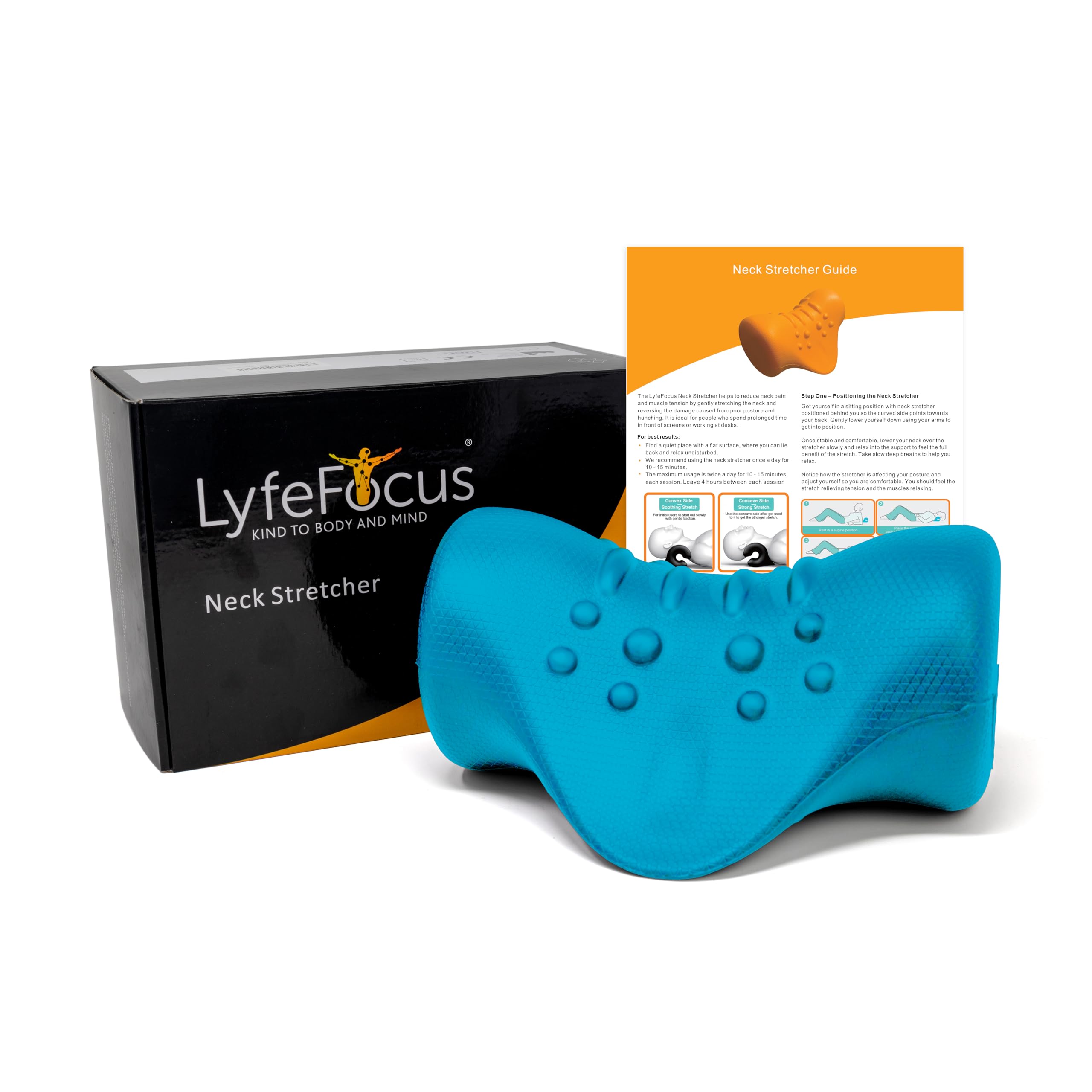 LyfeFocus Neck Stretcher with Heat for Back & Neck Pain - Neck Support Posture Corrector with Firm Nodes Designed to Relieve Muscle Tension (Blue, No Heat)