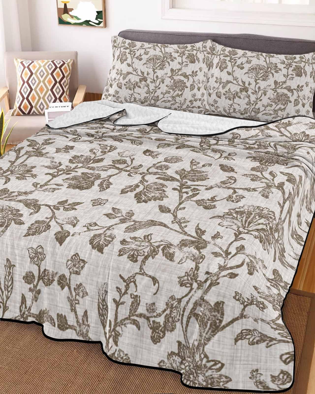 3-Piece Summer Quilt Queen Size, Farmhouse Brown Lightweight Cooling Bedding Comforter Blanket with 2 Pillow Shams, Vintage Flower Leaf Botanical Plant Bedspreads Quilted Coverlet Sets 90