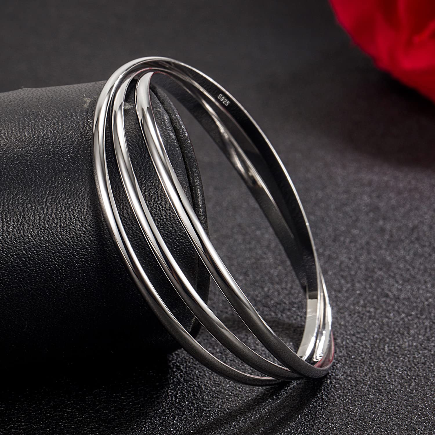 Dankadi Bracciale sottile in argento 925, 3 mm, largo piatto, semi-rotondo, 60, 65, 68 mm, confezione da 1/2/3 mm, liscio, semplice, stile classico, per donna e ragazza madre
