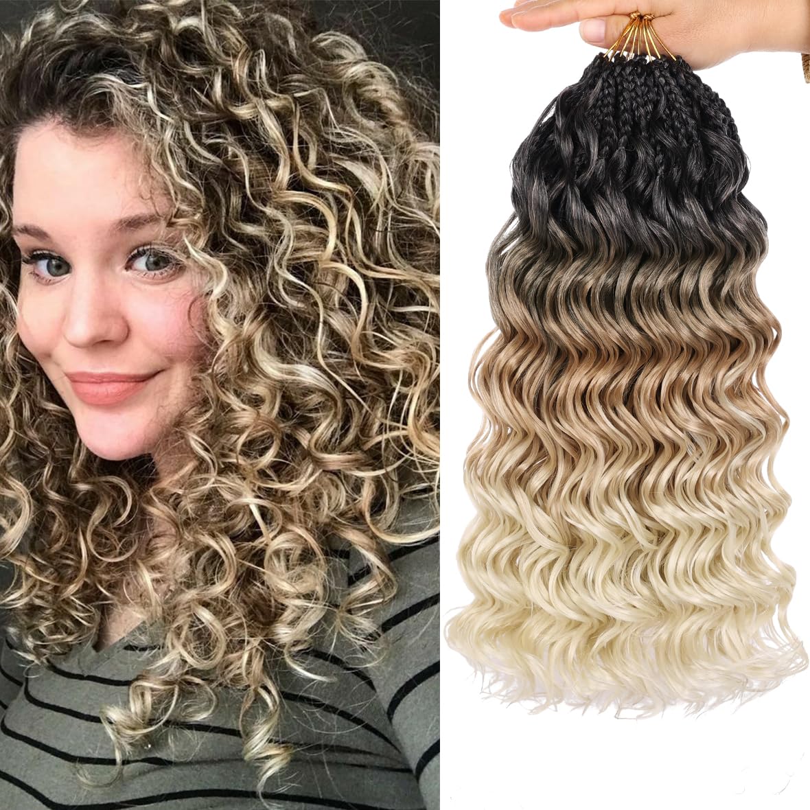 Kachanaa 14 Inch Pre Looped Ocean Wave Crochet Hair 8 Pack Curly Boho Ocean Braids Ombre Pre Twisted Synthetic Deep Wavy Twist Hair 1B27613#