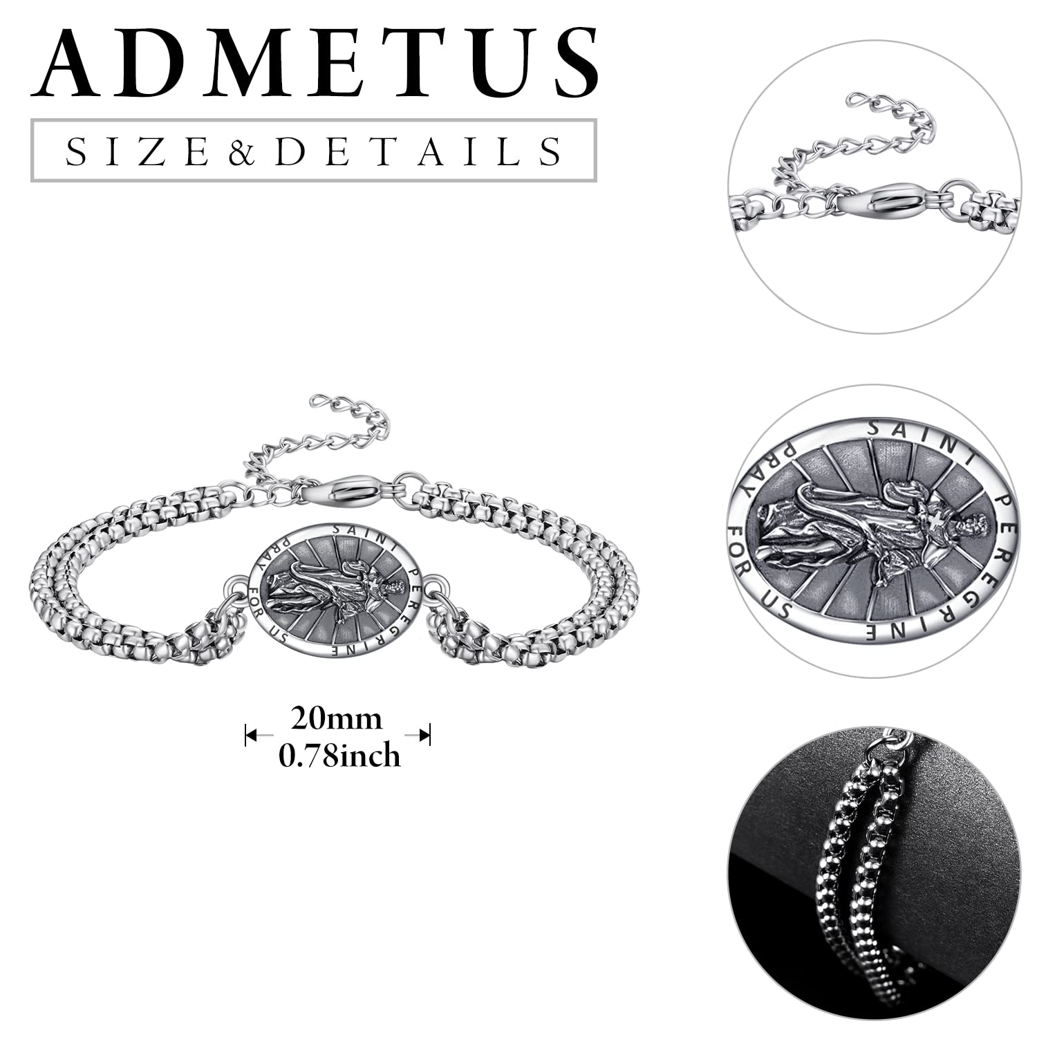 ADMETUS 925 Sterling Silber Amulett Armband | Schutzpatron Armband für Männer mit 7"+2" Verstellbare Kette