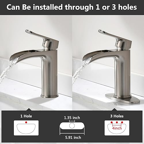 Miniatura 3 de BRAVEBAR Grifo de baño de cascada de níquel cepillado  Grifos de baño de un solo orificio de latón macizo moderno de una sola manija para 1 agujero