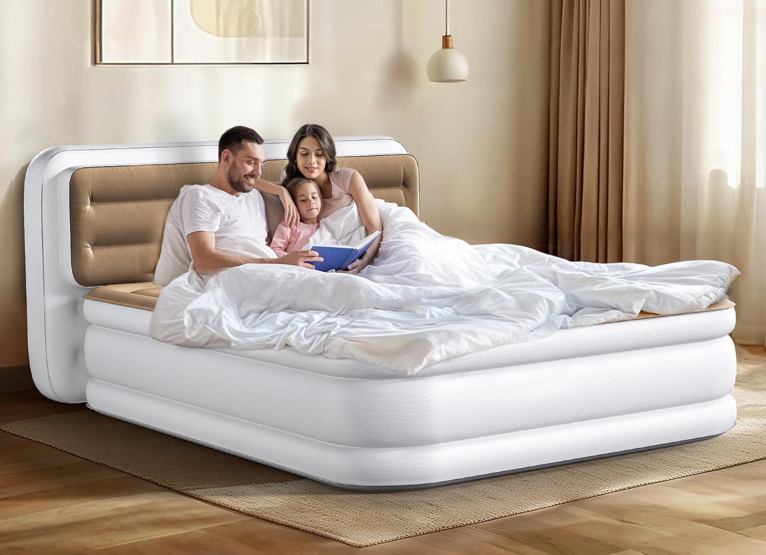 yitahome 18'' flocked top queen air mattress with pump and banded headboard, durable inflatable bed, blow-up mattress for indoor and outdoor use, brown