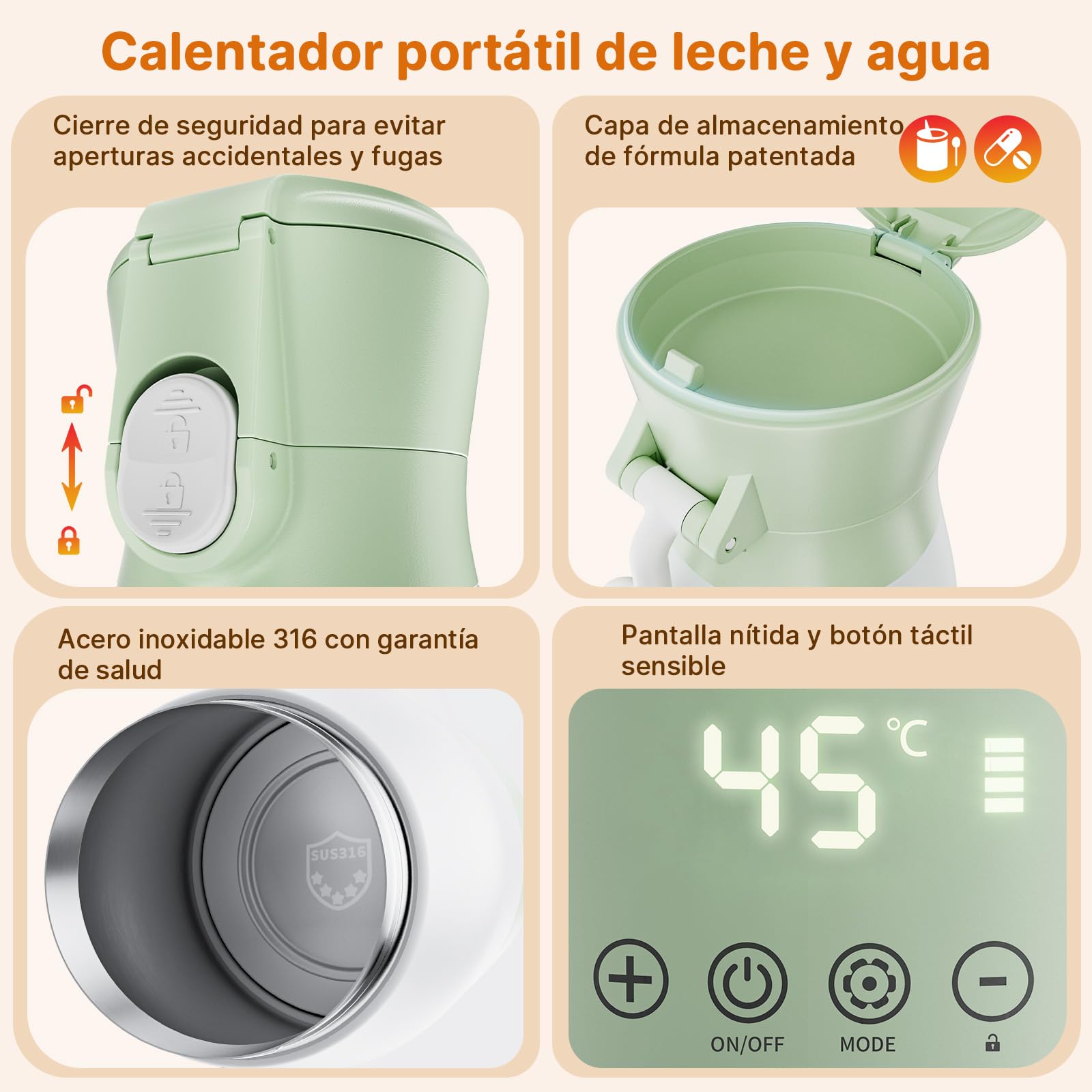 Calentador de Biberones Portátil 500ml, JDZ Calentador de Agua Recargable Sin Cables con Control de Temperatura, Aislamiento Térmico, Ideal para Viaje, Camping y Salidas con Bebé (Verde)