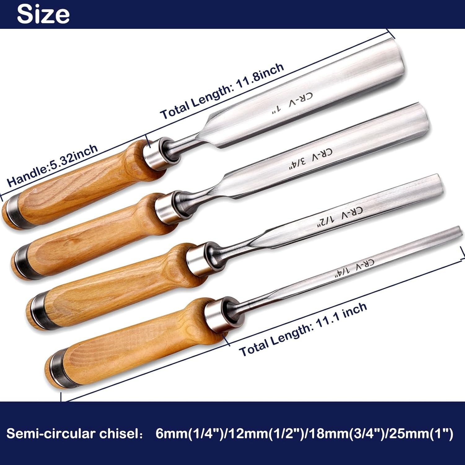 Zestaw dłut do drewna ze stal CR-V do obróbki drewna wypukłe półokrągłe dłuto 1 cal (25 mm), 4Pcs-4Rozmiary, 4Pcs-4Rozmiary