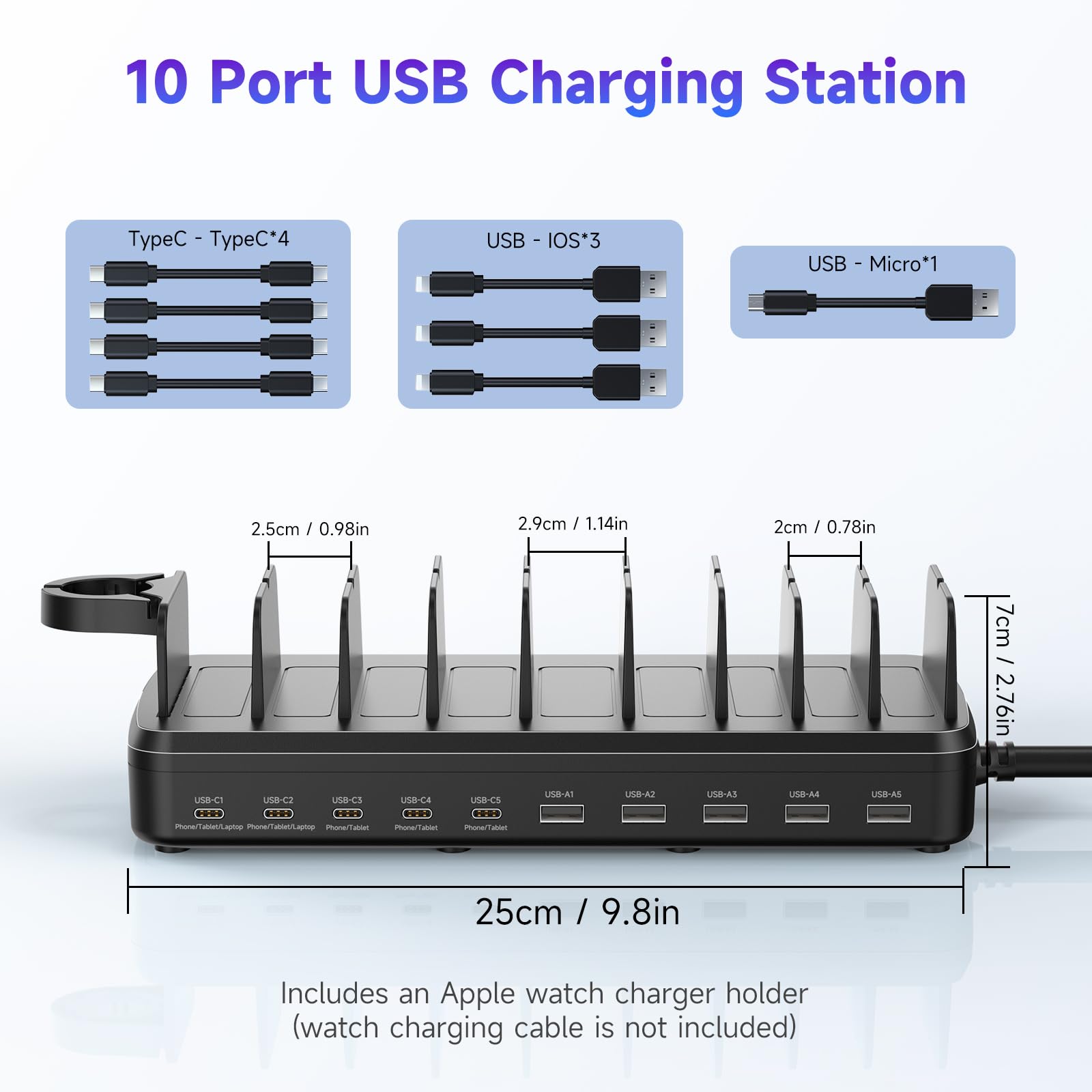 Stazione di ricarica da 285 W per più dispositivi, 10 porte, caricatore veloce multi-dispositivo organizer compatibile con MacBook Pro Laptop, iPhone, Android, iPad, tablet, Kindle, dock di ricarica
