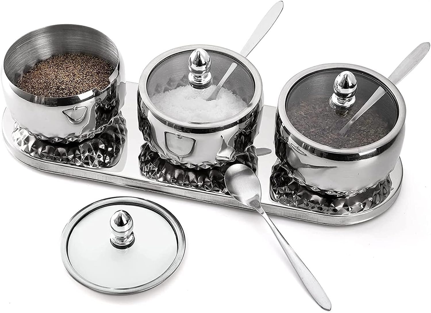 Seasoning Pot,Spice Jar,Spice Jar,Set of 3 Stainless Steel Condiment Pot,Spice Jar with Glass Lid Spoons and Tray,9.3 oz Sugar Bowl Seasoning Box Jar Set,